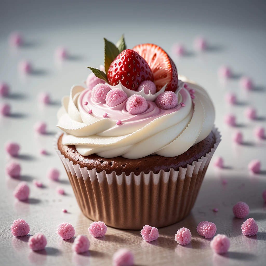 Delicious pink cupcake, piled strawberries, berries, profusion of lilac blossoms, sugar orchid flowers, rainbow blooms, sugar crystals, creamy, sweet, indulgent, tasty, whipped cream, pink icing, decadent, (masterpiece:1.1), (highest quality:1.1), (HDR:1.0), (ultra-detailed), decorated, dripping pink drizzle, silver splashes, gold glimmer flakes, photograph, detailed, realistic, 8k uhd, high quality, RAW photo, professional color grading, soft shadows, no contrast, clean sharp focus, clear