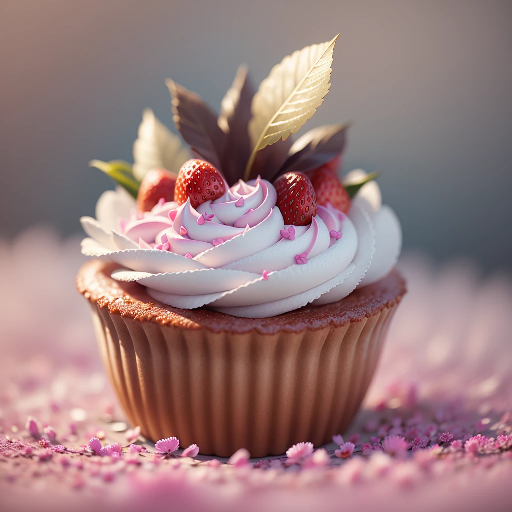 Delicious pink cupcake, piled strawberries, berries, profusion of lilac blossoms, sugar orchid flowers, rainbow blooms, sugar crystals, creamy, sweet, indulgent, tasty, whipped cream, pink icing, decadent, (masterpiece:1.1), (highest quality:1.1), (HDR:1.0), (ultra-detailed), decorated, dripping pink drizzle, silver splashes, gold glimmer flakes, photograph, detailed, realistic, 8k uhd, high quality, RAW photo, professional color grading, soft shadows, no contrast, clean sharp focus, clear