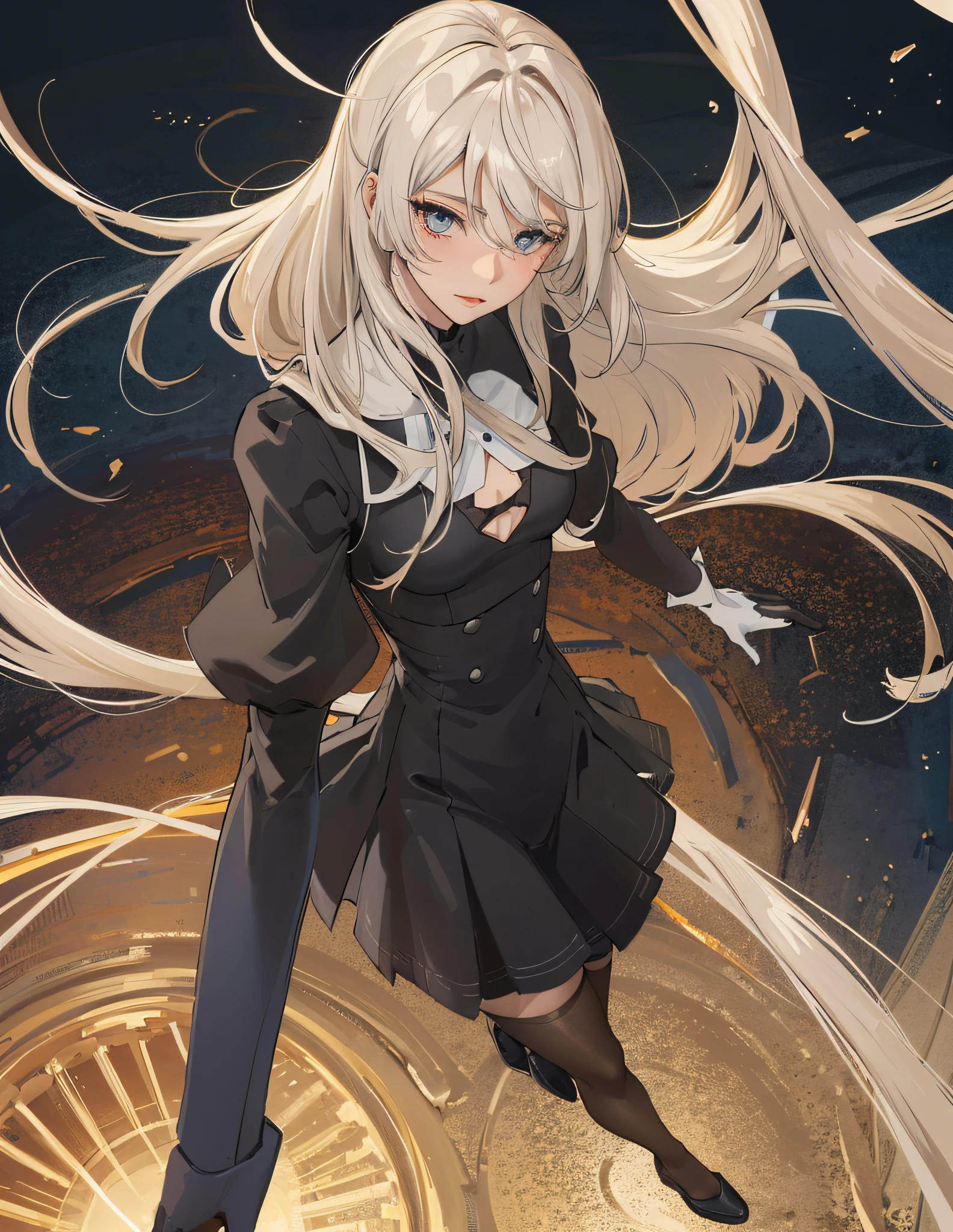 (Best quality at best,4K,A high resolution),actual,sportrait:1.2,Girl with silver hair,Red pupils glow,glowing light eyes,black uniforms,pleatedskirt,legs long,lips parted,Be red in the face,After that,Fabulous boobs,full bodyesbian,nighttime scene,Mare,suns,rays of sunshine;Blonde hair,eBlue eyes,of gorgeous women,legs long,JK school uniform,Perfect Golden Ratio body,cute big breasts,Black silk dress,a skirt,The shirt,long,perfect boobs,A little blush,blackstockings,pretty legs,beuaty girl,tender