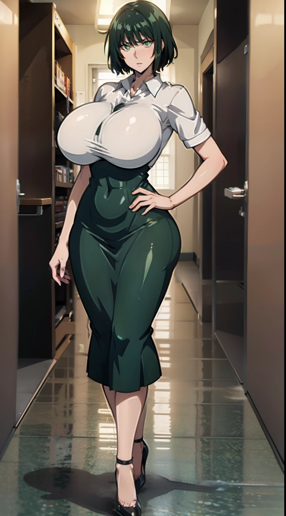 8k, anime girl, green hair, short hair, green eyes, milf, (big boobs), (wide hips), big butt, white shirt, stand, black heels