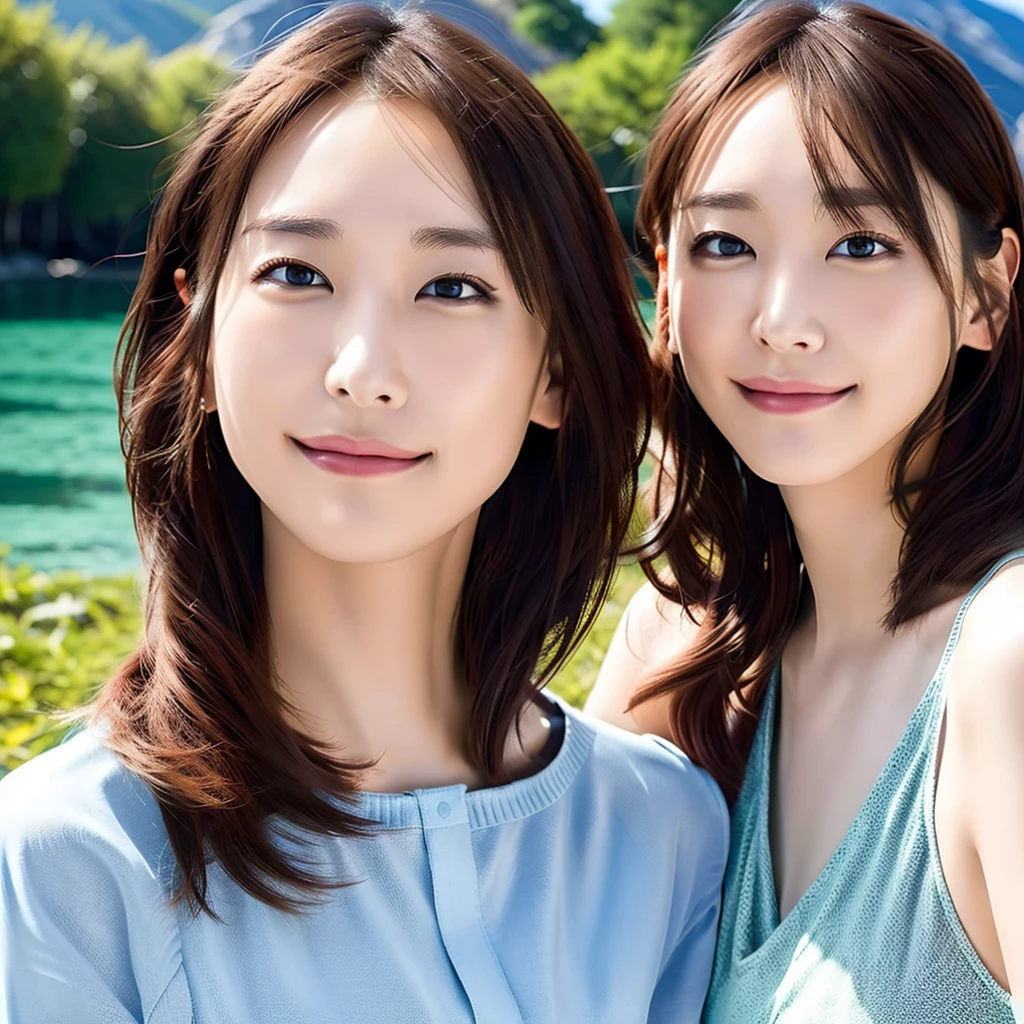(8K、Raw photography、top-quality、​masterpiece:1.2)、(realisitic、Photorealsitic:1.37)、ultra-detailliert、超A high resolution、Identical twin sisters hugging each other、Same height、see the beholder、beautifull detailed face、A smile、Constriction、(Slim waist) :1.3)、swim wears、Beautiful delicate skin、Skin Texture、floated hair、profetional lighting、lake