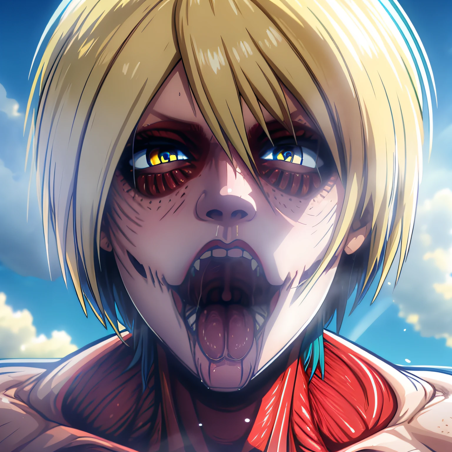 Chica anime con ojos azules y cuerpo de esqueleto,, Una escena del《Ataque a los titanes》, estilo de anime4 K, Annie Leonhart, cara, boca abierta, uvula, boca, lengua, lengua fuera, blue eyes, mirando al espectador, night, big mouth