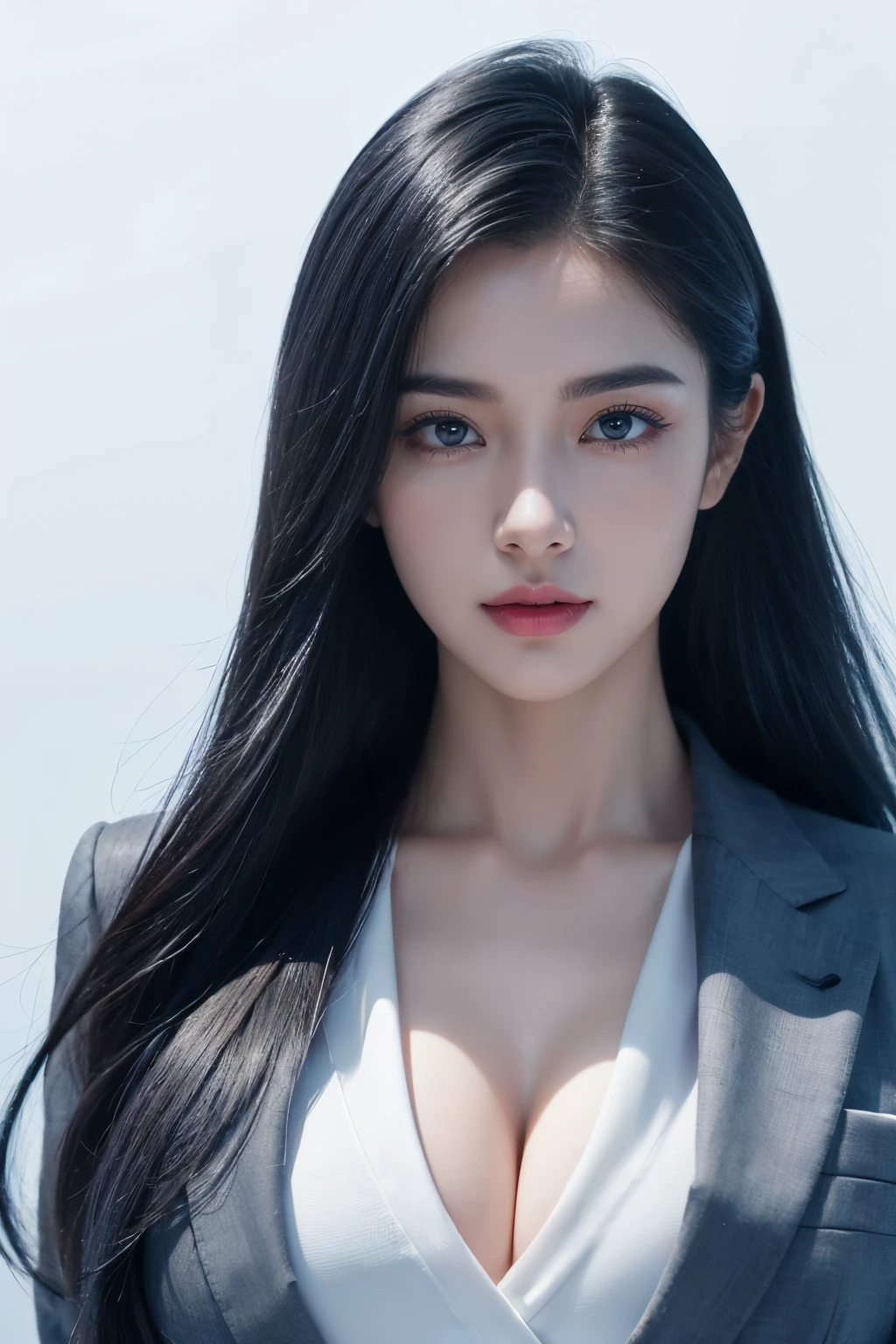 tmasterpiece,Best quality,A high resolution,8K,(sportrait),(avatar close up),(RAW photos),real photograph,digital photography,(Female president),( Professional women),20岁女孩,random hair style,red eyelack and blue gradient hair),Serious and obsessed,Cleavage, accessories,Keep your mouth shut,elegant and charming,Serious and arrogant,Calm and handsome,(White women's business attire),Photo pose,Realisticstyle,gray world background,oc render reflection texture