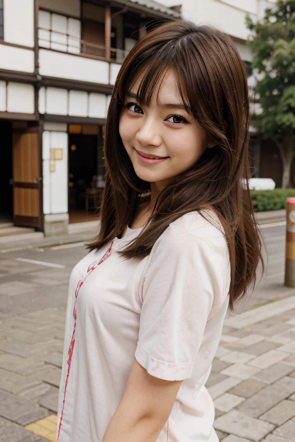 beautiful young Japanese woman, brunette hair, Smileing. Anime-Stil.