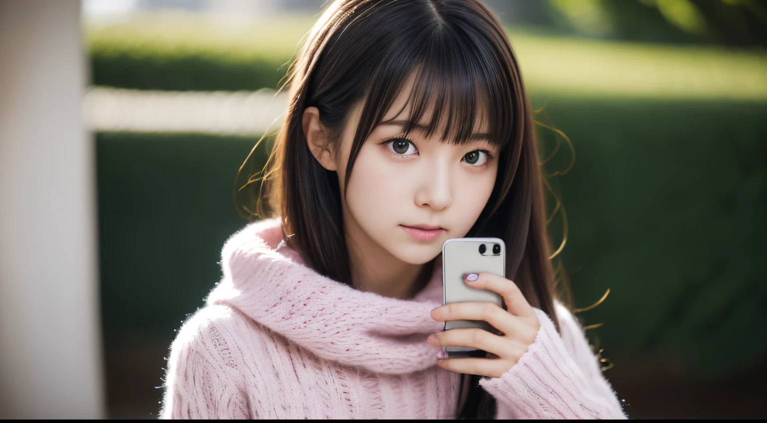 1girl in, 20yr old、Gravure model for Japan, (cute little, a beauty girl:1.2),Profile 1.1、Modest big, 𝓡𝓸𝓶𝓪𝓷𝓽𝓲𝓬,(Looking at your phone:1.2), A room decorated with a Xmas tree、(fluffy pink wool sweater:1.2), red scarf, (Green Plaid Pleated Skirt), A dark-haired、Pray、Pensive、 Best Quality, hight resolution, Detailed skin, Detailed face and eyes, Hi-Res, Natural lighting, Perfect Anatomy, Physically-based rendering, Photorealistic, symmetric clear eyes, Beautiful and well-groomed face,age girl, Perfect figure, Transparency, hposing Gravure Idol,