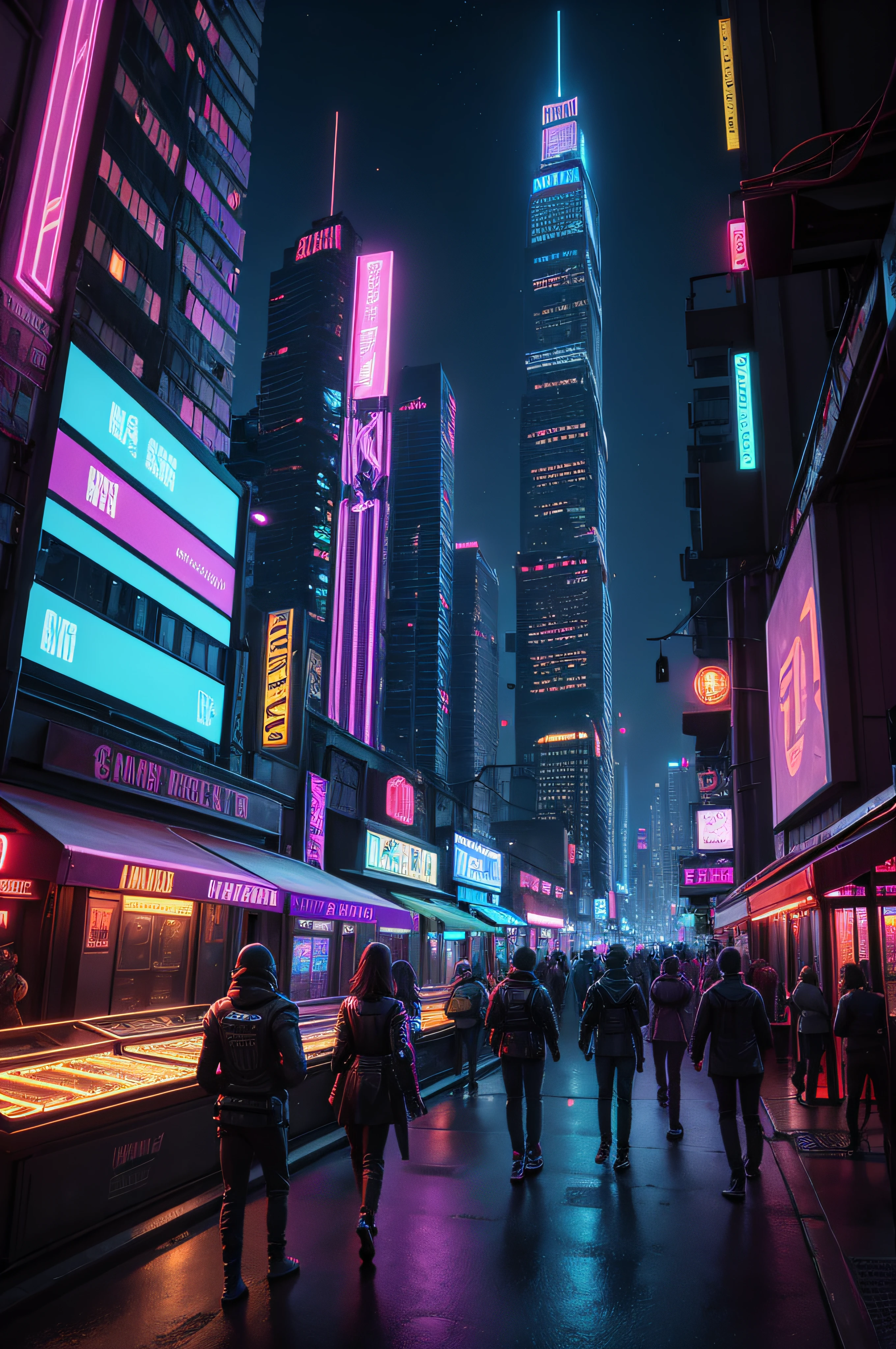 In the neon-drenched world of Cyberpunk 2077, the city comes alive with a kaleidoscope of colors and futuristic technology as night falls.

Cityscape:
The sprawling metropolis stretches out in every direction, a vast expanse of towering skyscrapers and labyrinthine streets. Buildings are adorned with holographic billboards, casting an iridescent glow that paints the urban landscape in hues of electric blues, vibrant purples, and deep reds.

Neon Lights:
Neon signs flicker and hum, creating a mesmerizing dance of light. Each street is a corridor of brilliance, with vibrant advertisements competing for attention. The air is thick with the gentle buzz of holographic projections and the distant hum of flying vehicles.

Megabuildings:
Megabuildings soar into the night sky, their surfaces covered in massive LED displays and animated advertisements. Each megabuilding is a vertical city, housing thousands of inhabitants and serving as a beacon of corporate power.

Flying Vehicles:
Flying cars zip through the air, leaving trails of light behind them. The night sky is a highway of airborne vehicles, weaving through the towering structures with a sense of controlled chaos. The glow of their engines paints streaks across the darkness.

Augmented Reality:
People on the streets interact with augmented reality interfaces, their cyber-enhanced eyes displaying layers of digital information. AR advertisements and notifications float in the air around them, creating a dynamic and immersive experience.

Street Level:
At street level, bustling marketplaces come to life with vendors selling cybernetic enhancements, futuristic gadgets, and street food under the glow of neon signs. Nightclubs thump with electronic beats, and alleyways harbor clandestine dealings.

Tech Noir Atmosphere:
The atmosphere is Tech Noir, a fusion of technology and gritty urban life. The city is a paradox, simultaneously awe-inspiring and dystopian, where high-tech advancements coexist with the struggles of the st