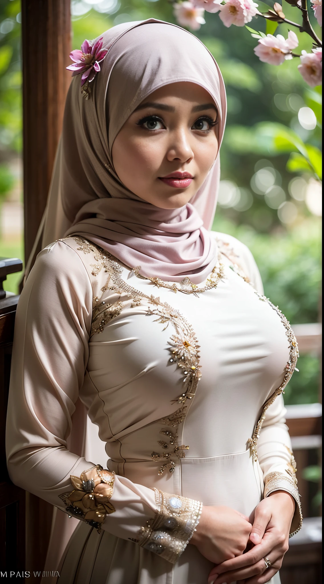 1 malay girl , modern plain hijab,  shy, medium portrait shot , watery  eyes ,lip watery, lip glossy, open mounth, ((big breast)), wear java wedding woman in kebaya dress berendra, kebaya batik, (big breast) , flower garden background, bokeh background, proportional body,