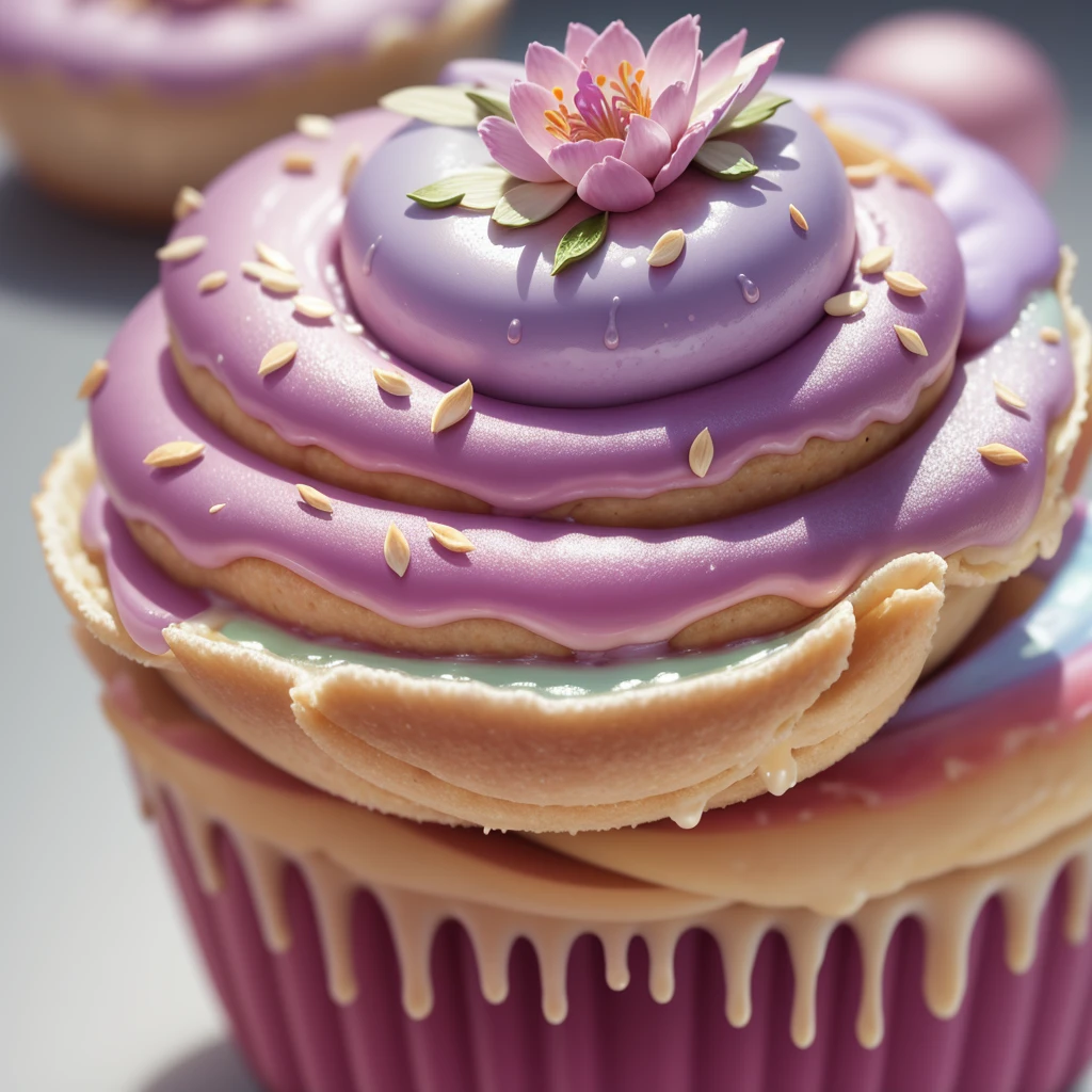Delicious pastel cupcake, lilac blossoms, orchid flowers, rainbow blooms, sugar rainbow crystals, creamy, sweet, indulgent, tasty, whipped cream, pastel rainbow icing, decadent, (masterpiece:1.1), (highest quality:1.1), (HDR:1.0), (ultra-detailed), decorated, dripping drizzle, silver splashes, gold glimmer flakes, photograph, detailed, realistic, 8k uhd, high quality, RAW photo, professional color grading, soft shadows, no contrast, clean sharp focus, clear, epic