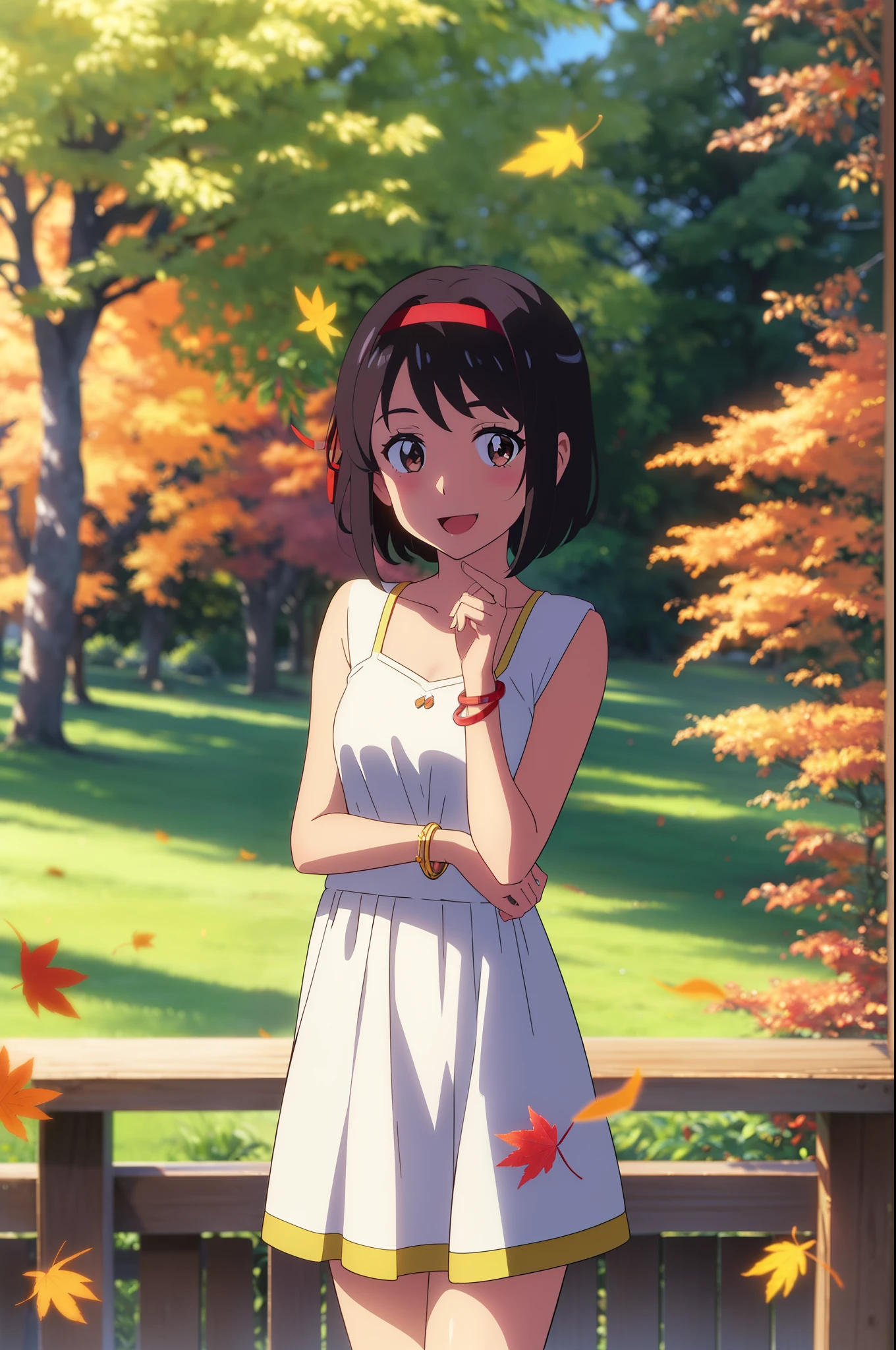 (masterpiece, best quality, high quality, highres, ultra-detailed), shinkai makoto, kimi no na wa., 1girl, bangs, black hair, blush, bright eyes, brown eyes, headband, looking at the viewer, red bow, red headband, red ribbon, dress, white dress, short hair, medium breasts, solo, day, Outdoors, shiny skin, standing, shadow, smile, happy, :D, bracelet, {{{{{{in autumn}}}}}}, maple tree, falling leaves, autumn scenery, warm color., beautiful, pretty, {{{{fluttering leaves}}}}