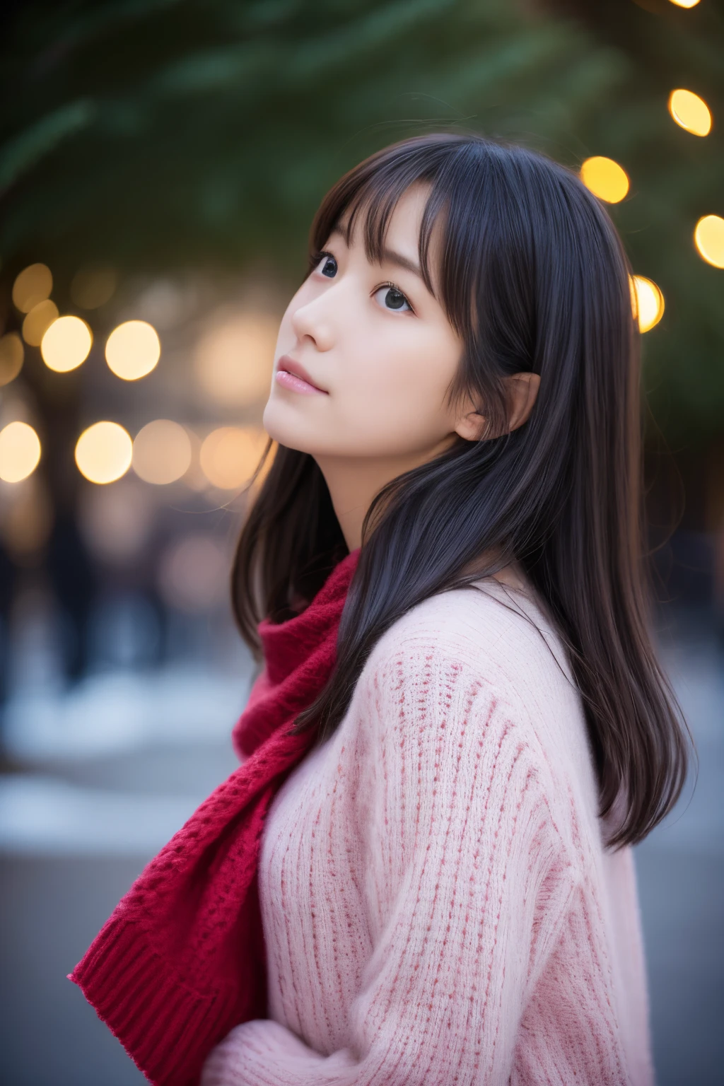 1girl in, 21years old、Gravure model for Japan, (cute little, a beauty girl,profile:1.2),Profile 1.1、Modest big,  𝓡𝓸𝓶𝓪𝓷𝓽𝓲𝓬,(Beautiful Christmas night view and snow:1.2), (Looking up at the big Christmas tree:1.5)、(A night town with beautiful Christmas illuminations:1.2), (fluffy pink wool sweater:1.2),  red scarf, (Green Plaid Pleated Skirt),   A dark-haired、Pray、Pensive、 Best Quality, hight resolution, Detailed skin, Detailed face and eyes, Hi-Res, Natural lighting, Perfect Anatomy, Physically-based rendering, Photorealistic, symmetric clear eyes, Well-groomed face,Teenage girl, Perfect figure, Transparency, hposing Gravure Idol,