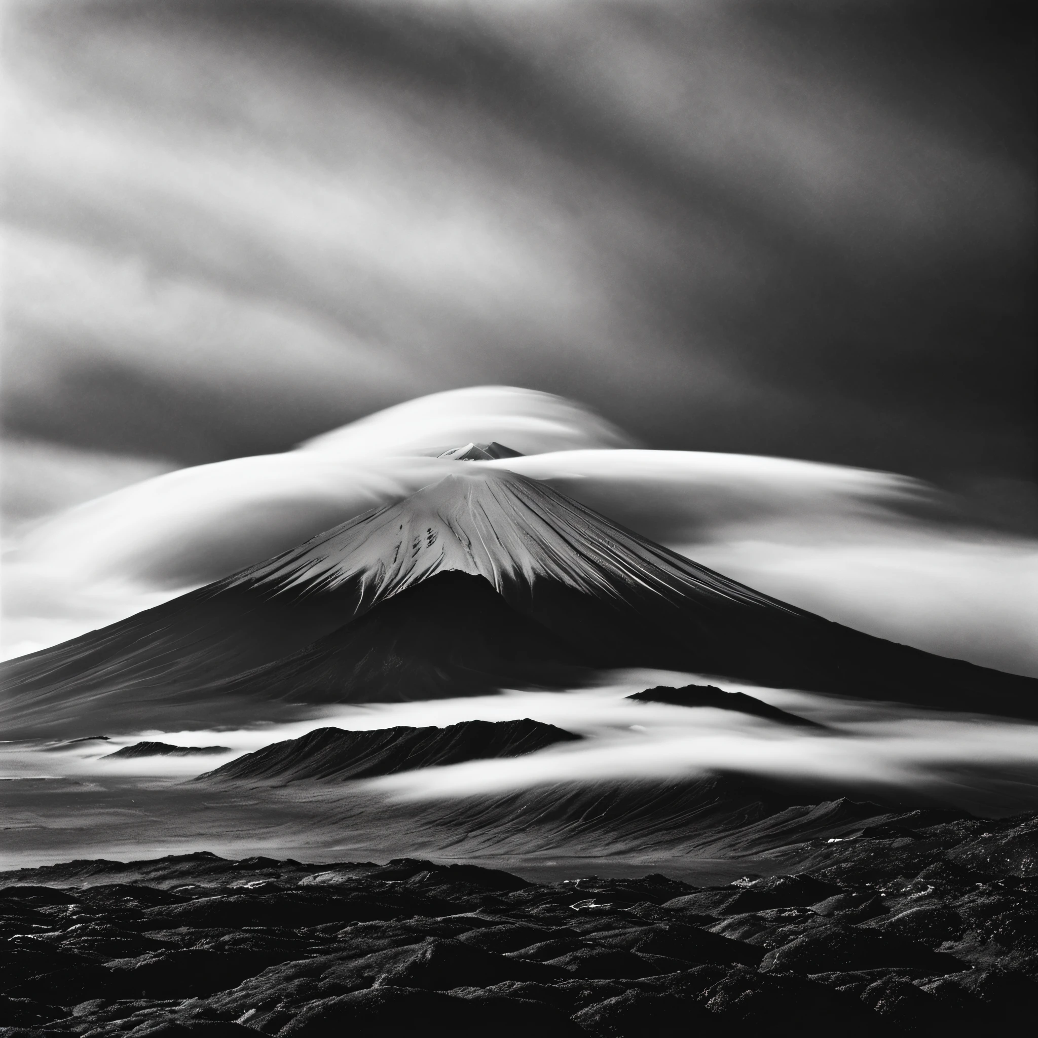 a view of clouds flowing on top of a mountain, fuji mountain, japan, (((long exposure:1.5), black and white photography, shot on hasselblad camera, kodak tmax 400, tough film grain, photorealistic, by michael kenna