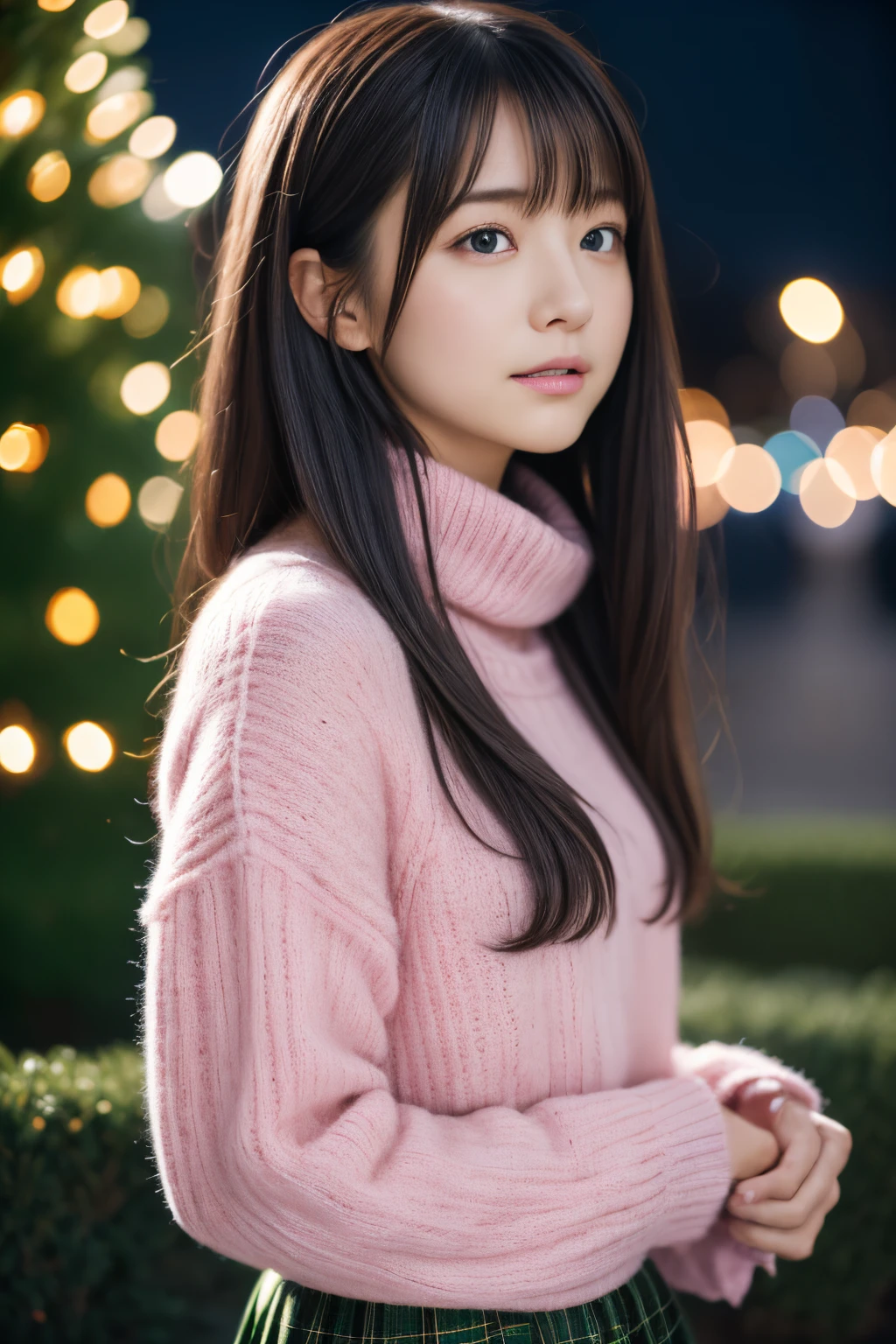 1girl in, 21years old、Gravure model for Japan, (cute little, a beauty girl,profile:1.2),Profile 1.1、Modest big, 𝓡𝓸𝓶𝓪𝓷𝓽𝓲𝓬,(Beautiful Christmas night view and snow:1.2), (Looking up at the big Christmas tree:1.5)、(A night town with beautiful Christmas illuminations:1.2), (fluffy pink wool sweater:1.2), red scarf, (Green Plaid Pleated Skirt), A dark-haired、Pray、Pensive、 Best Quality, hight resolution, Detailed skin, Detailed face and eyes, Hi-Res, Natural lighting, Perfect Anatomy, Physically-based rendering, Photorealistic, symmetric clear eyes, Well-groomed face,age girl, Perfect figure, Transparency, hposing Gravure Idol,