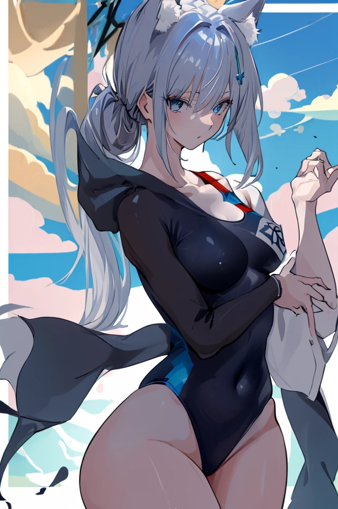 (tmasterpiece:1.2), Best quality at best,pixiv,shiroko ,
1个Giant Breast Girl, , Alone, swim wears, one piece swimsuit, Animal ear, shiroko (swim wearluearchive), Cross hair ornaments, The halo, Competition swimsuits, Animal ear hair, medium, looking at viewert, eBlue eyes, shiroko (bluearchive), ahoge, with gray hair, cow boy shot, hair adornments, Permanent, jaket, By bangs, Student does not match, Cover the navel, Outdoor activities, Skysky, cropped shoulders, high swimsuit, upper legs, blue-sky, Raise Hand, high legs, Open your clothes, Black one-piece swimsuit, low ponytail, White jacket, 鎖骨, Chopping, Keep your mouth shut, side locks, Colorful clothes, daysies, fuzzy, of shoulders, Be red in the face, longer sleeves, Medium hair, Open jacket, hair between eye, clouds, pony tails, Side breasts, Keep your arms behind your back, Multicolored swimsuit, Official spare clothing, groin, depth of fields, The light from the back window backlighted, vague background, Cat ears, extra ears, long whitr hair, arms to one side