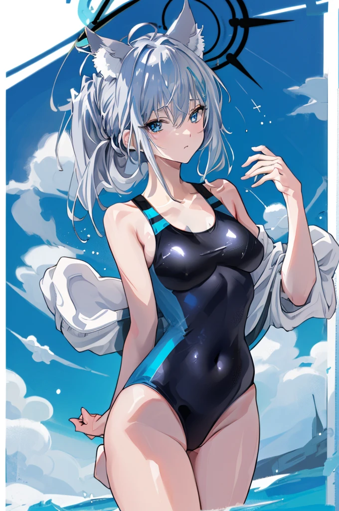 (tmasterpiece:1.2), Best quality at best,pixiv,shiroko ,
1个Giant Breast Girl, , Alone, swim wears, one piece swimsuit, Animal ear, shiroko (swim wearluearchive), Cross hair ornaments, The halo, Competition swimsuits, Animal ear hair, medium, looking at viewert, eBlue eyes, shiroko (bluearchive), ahoge, with gray hair, cow boy shot, hair adornments, Permanent, jaket, By bangs, Student does not match, Cover the navel, Outdoor activities, Skysky, cropped shoulders, high swimsuit, upper legs, blue-sky, Raise Hand, high legs, Open your clothes, Black one-piece swimsuit, low ponytail, White jacket, 鎖骨, Chopping, Keep your mouth shut, side locks, Colorful clothes, daysies, fuzzy, of shoulders, Be red in the face, longer sleeves, Medium hair, Open jacket, hair between eye, ​​clouds, pony tails, Side breasts, Keep your arms behind your back, Multicolored swimsuit, Official spare clothing, groin, depth of fields, The light from the back window  backlighted, vague background, Cat ears, extra ears, long whitr hair, arms to one side