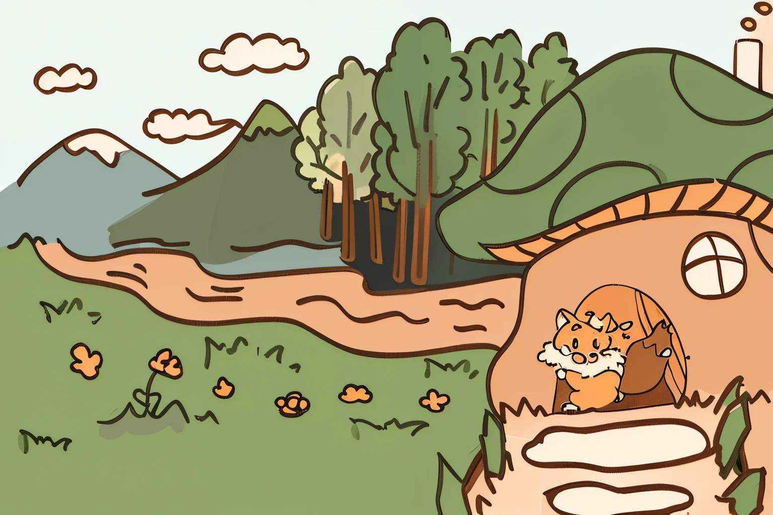 Painting of a fox in a mushroom house，In the background  a river, Nature outside,  sunny environment,cute storybook illustration