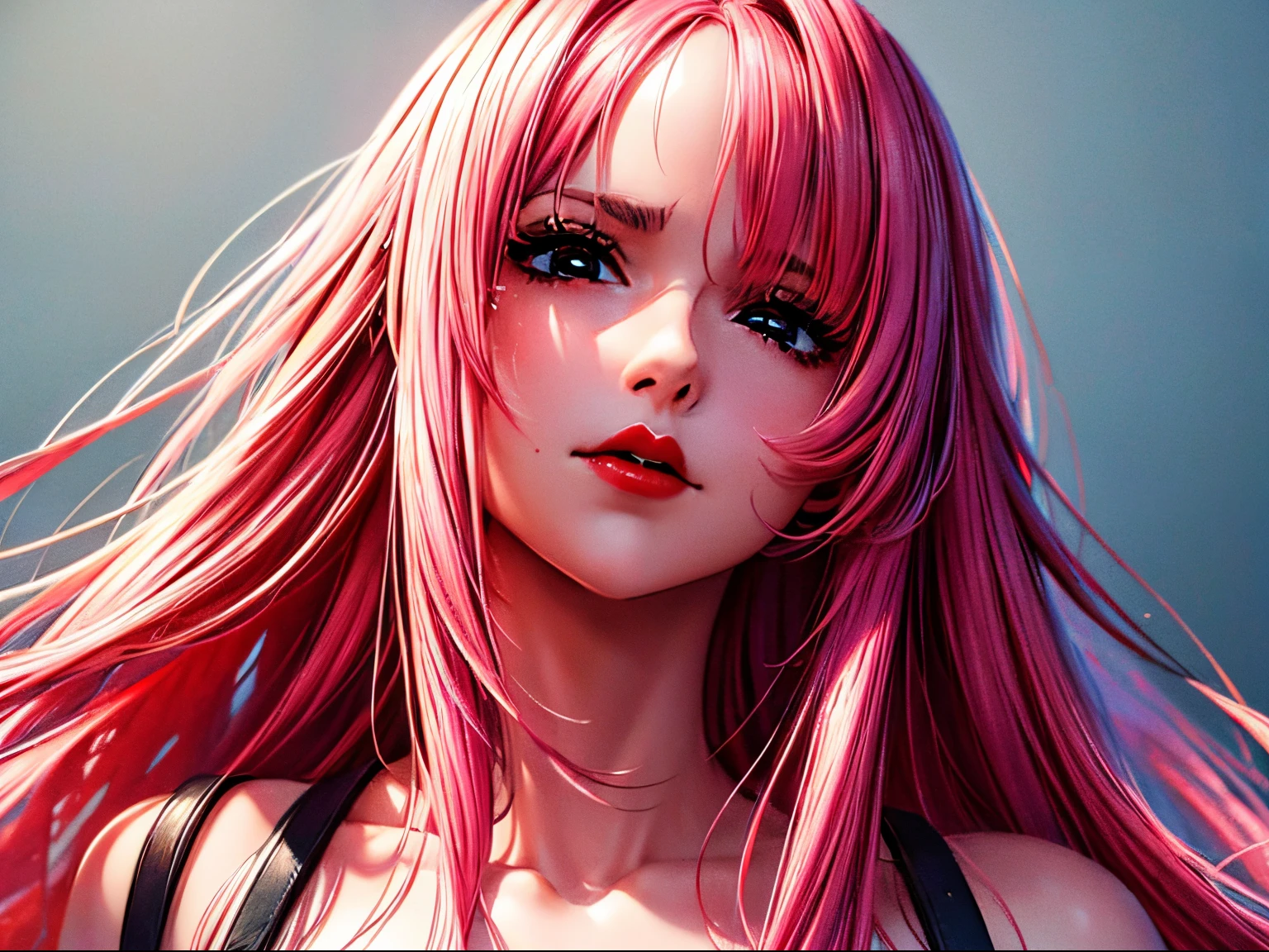 (Best quality at best,8K,A high resolution,tmasterpiece:1.2),Digital artwork, one girl，detailed face，detailed eyes，pink hair，long straight hair，black eyes，red lip，Suspenders