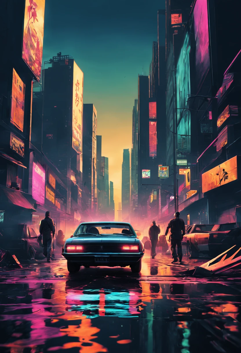 Grand Theft Auto，grand theft auto ，Doubleexposure，filmposter，illustratio，gritty atmosphere，The cityscape of the future，neonlight，blasts，The Car，，shadows  and highlights，hight contrast，disarray，Vibrant colors，Sleek stylish characters，Detailed facial expressions，the street，crime and danger、with intense、Tension and suspense、avant-garde and ralowing reflectionold movie subtitles、darkness and melancholy、retro artstyle、evocative composition、Iconic &amp; Unforgettable Characterashion Fashion &amp; Accessories、dangerous weapons、Graffiti and Street Art、Impressive skyline。