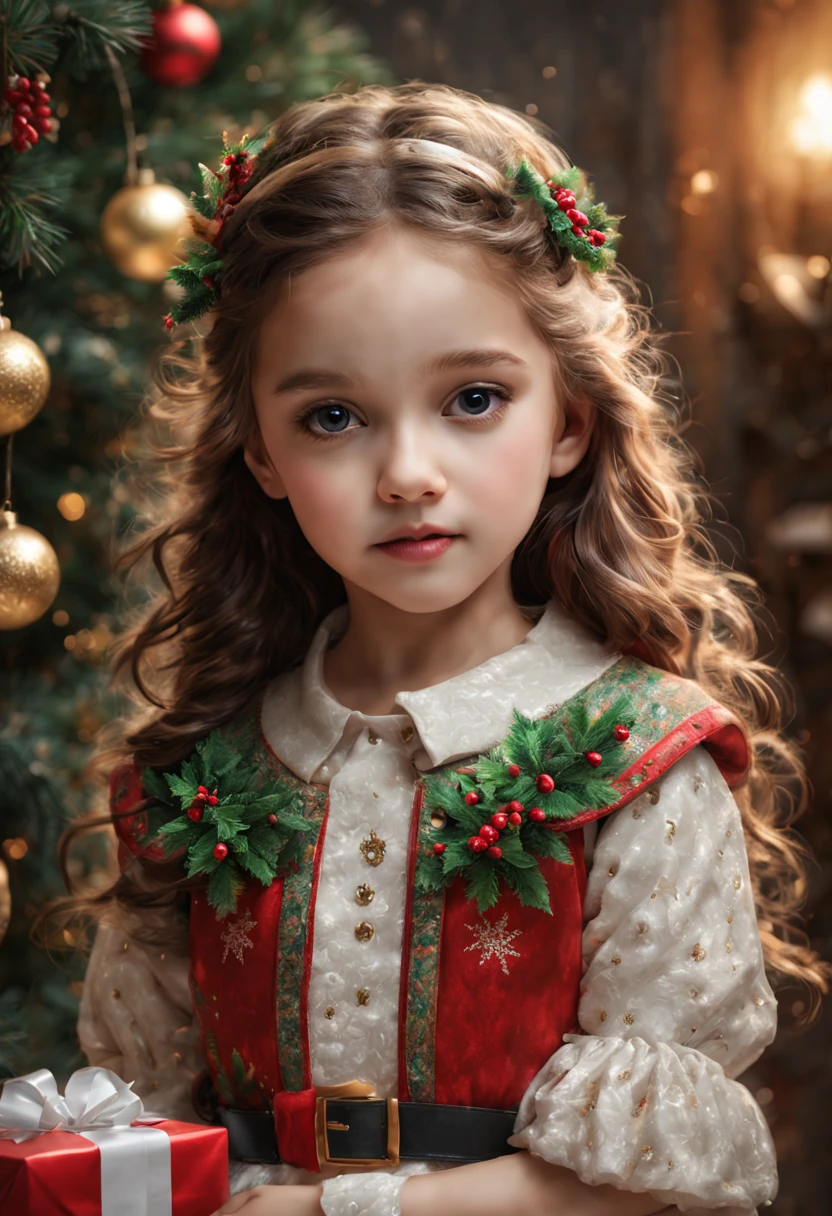 New Year's background,girl child sitting on the sofa near the decorated Christmas tree, dressed in a festive fairy dress and crown