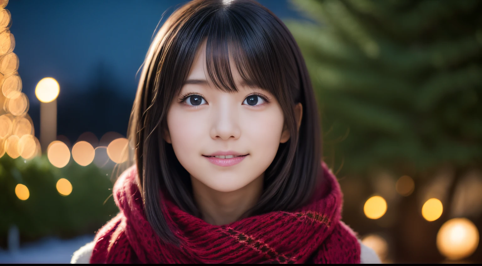 1girl in, 13years、Gravure model for Japan, (cute little, a beauty girl,profile:1.2), profile、Modest big,  𝓡𝓸𝓶𝓪𝓷𝓽𝓲𝓬,(Beautiful Christmas night view and snow:1.2), (Looking up at the big Christmas tree:1.5)、(A night town with beautiful Christmas illuminations:1.2), (fluffy pink wool sweater:1.2),  red scarf, (Green Plaid Pleated Skirt),   A dark-haired、Lost in thought with a happy expression、 Best Quality, hight resolution, Detailed skin, Detailed face and eyes, Hi-Res, Natural lighting, Perfect Anatomy, Physically-based rendering, Photorealistic, symmetric clear eyes, Well-groomed face,Teenage girl, Perfect figure, Transparency, hposing Gravure Idol,