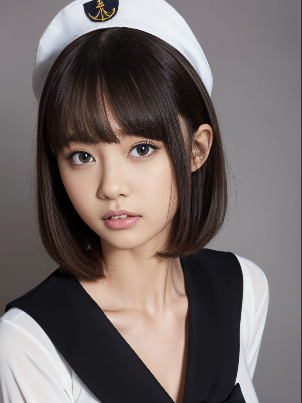 masutepiece, Best Quality, Photorealistic, Raw photo, Digital SLR, Beautiful japanese girl, 15yo student, Solo, Highly detailed fair skin, Shiny skin, Realistic face, Beautiful face, (Highly detailed realistic eyes beautiful eyes, Bright eyes, Double eyelids, look at viewr, (Black short hair), (Dark short hair), Bangs, disheveled hair, slim figure, Slim Face, Big breasts, ((Highly detailed sailor suit)), Beautiful lighting, Perfect Lighting, Realistic Shadows, Highly detailed, extremely delicate and beautiful, Ultra High Resolution, 8K UHD Wallpapers,