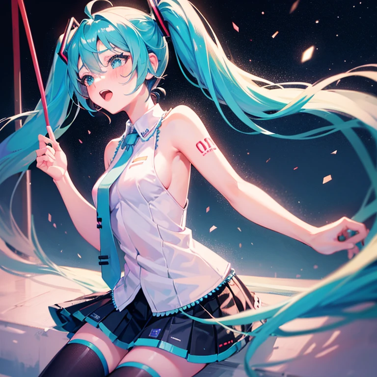 (1 girl),(high quality), (High resolution), (extremely detailed), (8K),(lower body shot),(Hatsune Miku is wearing panties under her school's translucent uniform and dark blue short pleated skirt.),(wearing black knee-high stockings)not wearing shoes,perfect writing,(Beautifully erect nipple shape:1.2),High resolutionの美しい目,(neutral white lighting:1.2),Dancing in another world with strong winds