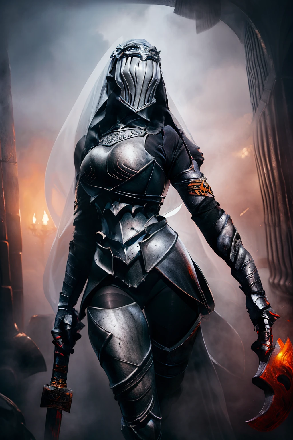 nsfw, 1girl, Solo, 8k, Top-quality, Masterpiece, Super high resolution, Realistic, Cinematic, fullbody viewer, helm, silver, knight, twin sword, pantyhose, blue veil, hair ornament, big boobs, Thick thighs, The ultimate beautiful lady knight, Sexy lady knight, snow