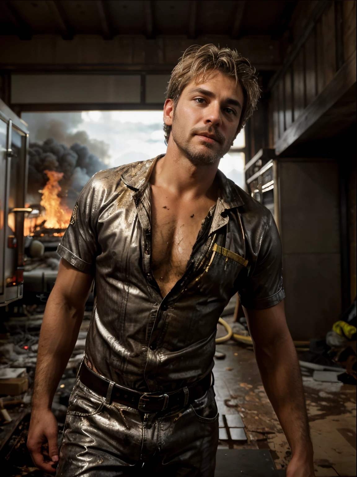 masterpiece, best quality, high resolution, closeup portrait, male focus, solo focus, A man, 45 years old, with firefighter uniform, firefighter suit, firefighter, bleached blonde silver hair, looking french, messy short hairstyle, lean body, cute and seductive face, bare chest, dirty body, messy hair, body hair, facial hair, facial hair unshaved, roman nose, very skinny body, hairy legs, dimples, medium beard, bold jawline , in the background a fire station, view from below, amazing composition, front view, HDR, ultra quality, elegant, highly detailed