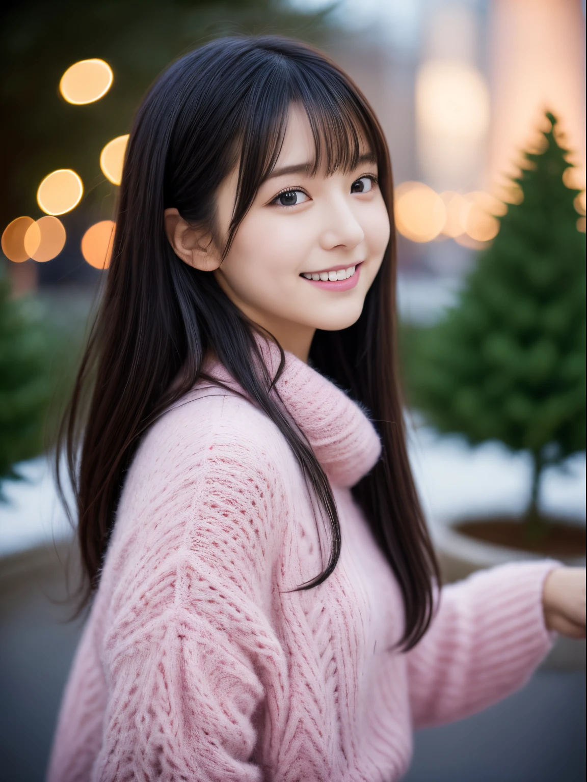 1girl in, 21years old、Gravure model for Japan, (cute little, a beauty girl,profile:1.2),Profile 1.1、Modest big,  𝓡𝓸𝓶𝓪𝓷𝓽𝓲𝓬,(Beautiful Christmas night view and snow:1.2), (Looking up at the big Christmas tree:1.5)、(A night town with beautiful Christmas illuminations:1.2), (fluffy pink wool sweater:1.2),  red scarf, (Green Plaid Pleated Skirt),   A dark-haired、Pray、a smile、 Best Quality, hight resolution, Detailed skin, Detailed face and eyes, Hi-Res, Natural lighting, Perfect Anatomy, Physically-based rendering, Photorealistic, symmetric clear eyes, Well-groomed face,Teenage girl, Perfect figure, Transparency, hposing Gravure Idol,