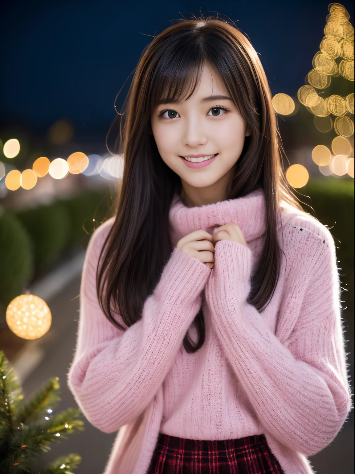 1girl in, 21years old、Gravure model for Japan, (cute little, a beauty girl,profile:1.2),Profile 1.1、Modest big,  𝓡𝓸𝓶𝓪𝓷𝓽𝓲𝓬,(Beautiful Christmas night view and snow:1.2), (Looking up at the big Christmas tree:1.5)、(A night town with beautiful Christmas illuminations:1.2), (fluffy pink wool sweater:1.2),  red scarf, (Green Plaid Pleated Skirt),   A dark-haired、Pray、a smile、 Best Quality, hight resolution, Detailed skin, Detailed face and eyes, Hi-Res, Natural lighting, Perfect Anatomy, Physically-based rendering, Photorealistic, symmetric clear eyes, Well-groomed face,Teenage girl, Perfect figure, Transparency, hposing Gravure Idol,