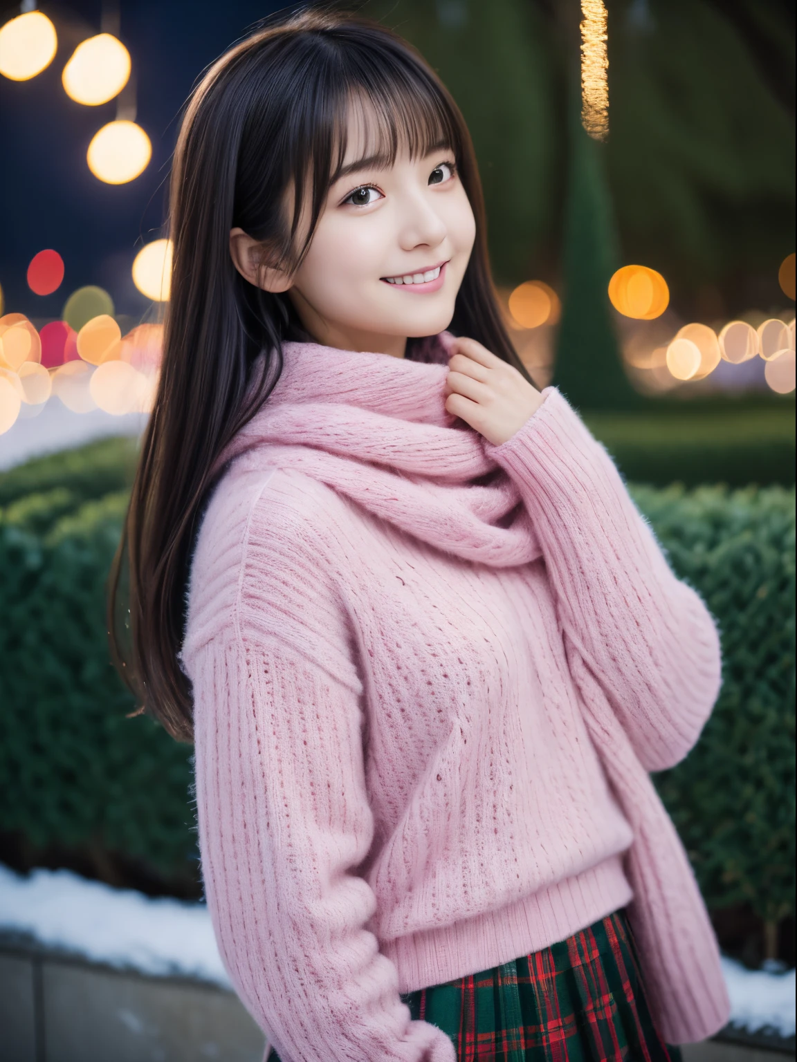 1girl in, 21years old、Gravure model for Japan, (cute little, a beauty girl,profile:1.2),Profile 1.1、Modest big, 𝓡𝓸𝓶𝓪𝓷𝓽𝓲𝓬,(Beautiful Christmas night view and snow:1.2), (Looking up at the big Christmas tree:1.5)、(A night town with beautiful Christmas illuminations:1.2), (fluffy pink wool sweater:1.2), red scarf, (Green Plaid Pleated Skirt), A dark-haired、Pray、a smile、 Best Quality, hight resolution, Detailed skin, Detailed face and eyes, Hi-Res, Natural lighting, Perfect Anatomy, Physically-based rendering, Photorealistic, symmetric clear eyes, Well-groomed face,age girl, Perfect figure, Transparency, hposing Gravure Idol,