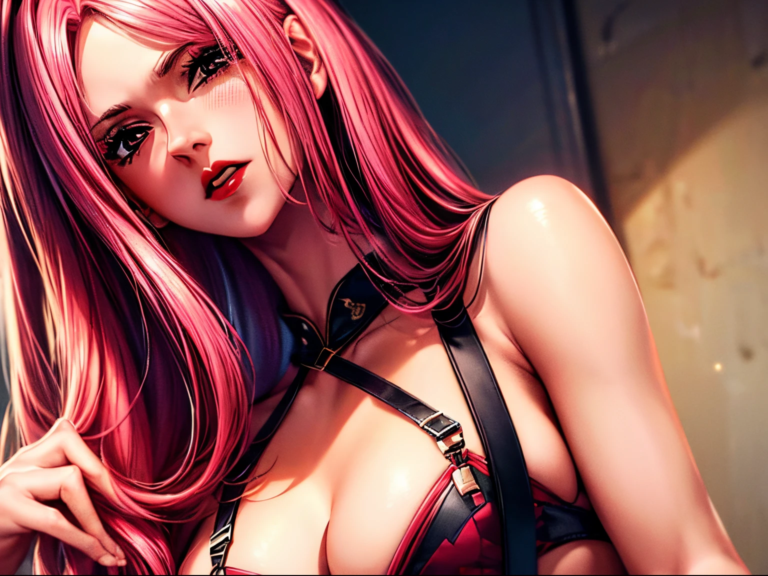 (Best quality at best,8K,A high resolution,tmasterpiece:1.2),Digital artwork, one girl,detailed face,detailed eyes,pink hair,Big breasts,long straight hair,black eyes,red lip,Suspenders