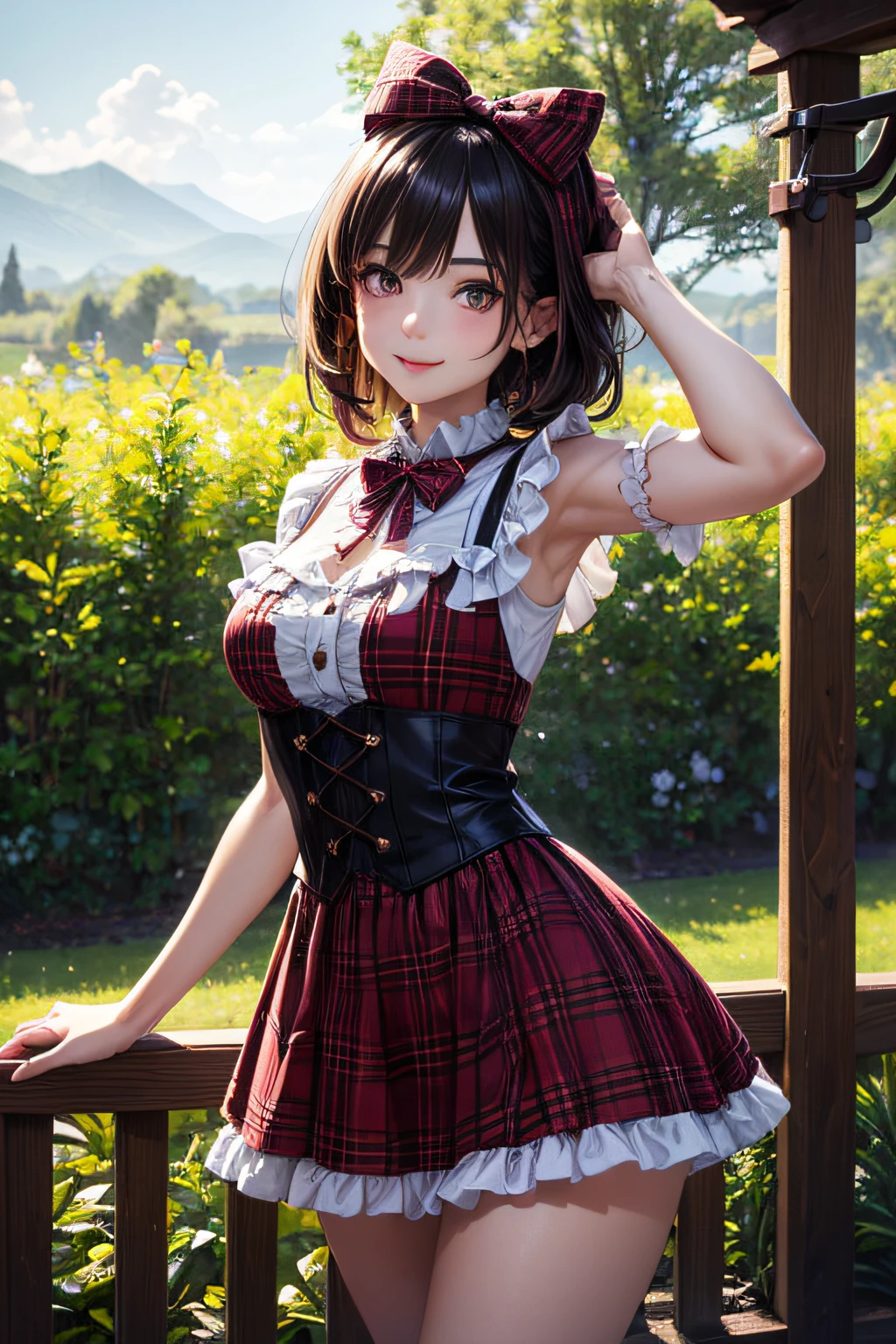 Very cute and beautiful girl,(very detailed beautiful face and eyes:1.2),
Smile,Black hair,Dynamic Pose,Beautiful legs,(Cowboy Shot),
Brown plaid lolita dress with detailed ruffles,
Rose garden arbor,wooden fence,Distant trees々,
(Best Quality,masutepiece:1.2),Intricate details,hight resolution,1 girl,Solo,Cinematic lighting,