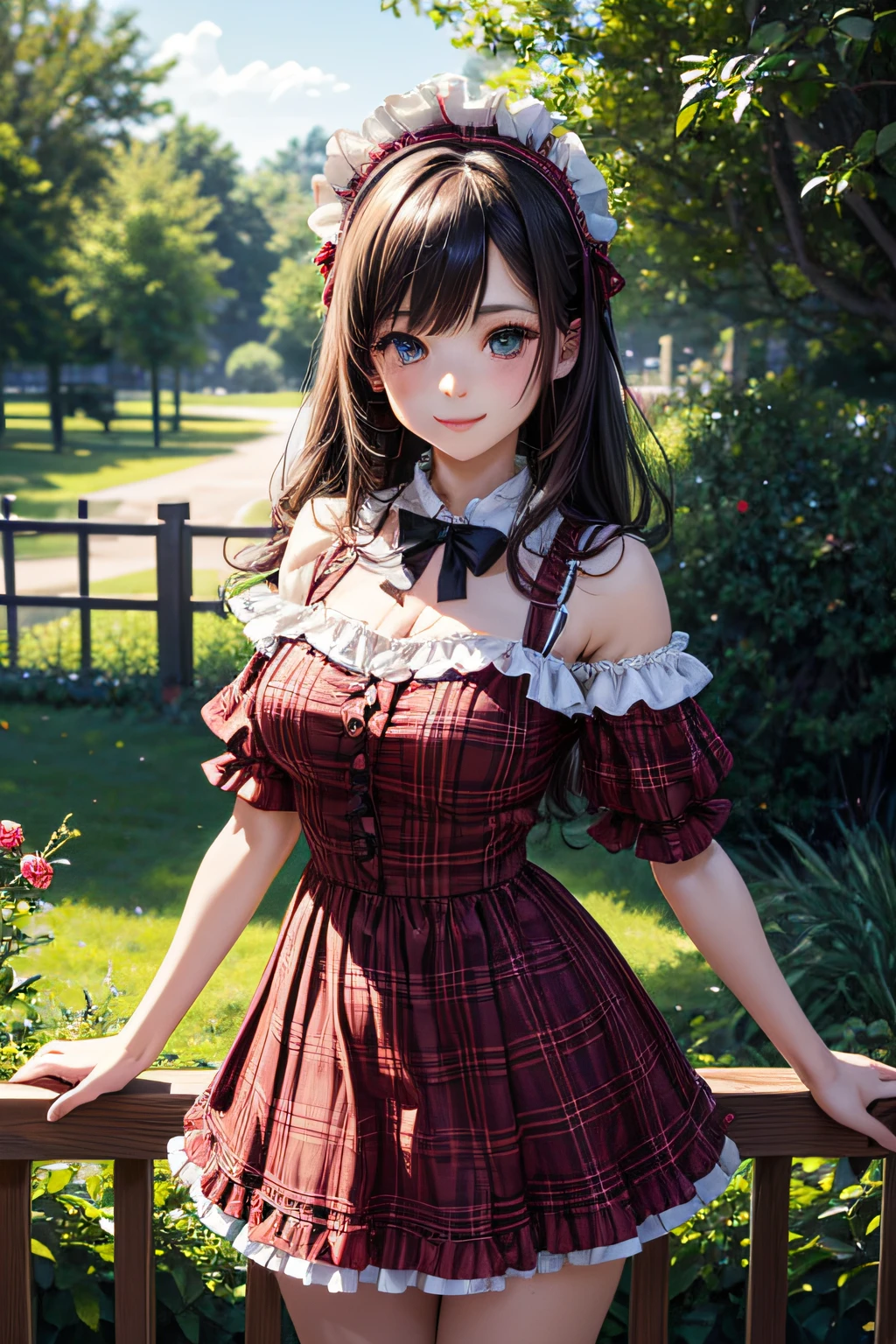 Very cute and beautiful girl,(very detailed beautiful face and eyes:1.2),
Smile,Black hair,Dynamic Pose,Beautiful legs,(Cowboy Shot),
Brown plaid ****ta dress with detailed ruffles,
Rose garden arbor,wooden fence,Distant trees々,
(Best Quality,masutepiece:1.2),Intricate details,hight resolution,1 girl,Solo,Cinematic lighting,