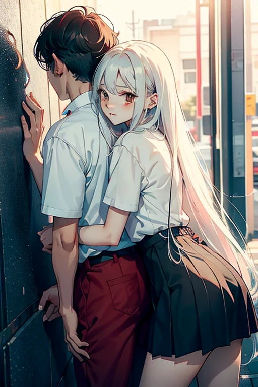 quality tmasterpiece Male and female couples Girl looking straight into the camera,Wear tight skirts and shirts。The boy hugged the girl from behind。boy in red shirt,long white hair girl。Do not wear glasses、Intimacies