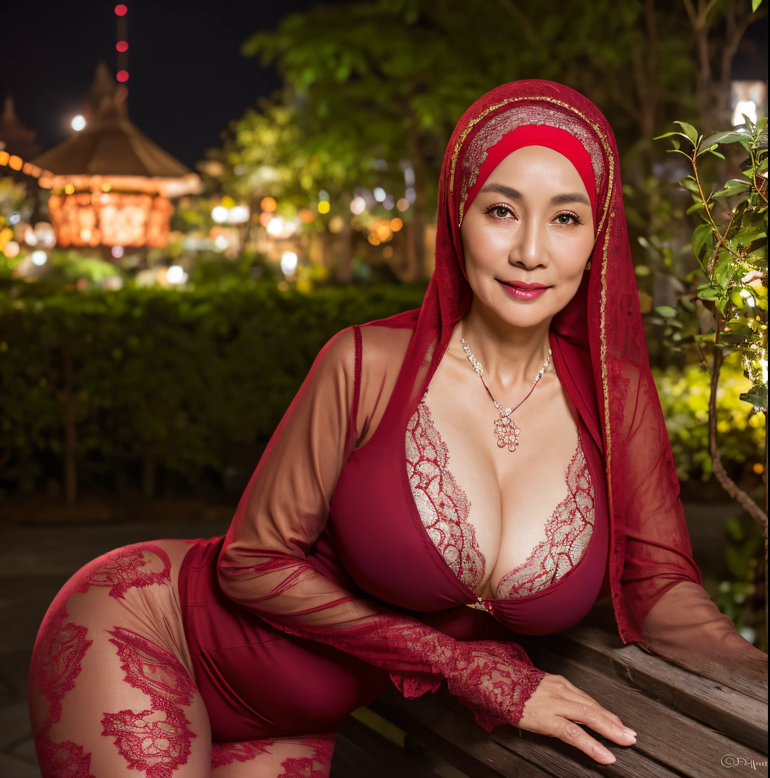 55 Years old, Indonesian mature woman, wearing Wide Hijab, perfect , natural Huge breast : 86.9, gorgeous eyes, Soft smile, wear a red lace bra and a tight transparent legging, necklace, hairband, Alluring Face, Erotic pose, Nightime walk, City garden, Excellent lighting, Dark colors, Clean lines