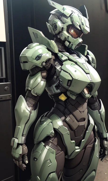 Textured skin, Super Detail, high details, High quality, Best Quality, hight resolution, 1080p, hard disk, Beautiful,(War Machine),beautiful cyborg woman,Dark Green Mecha Cyborg Girl,Battle Mode,Girl with a Mecha Body,She wears a futuristic war machine weapon mech、Very Shorthair、sweaty brown eyes、Sweaty face、troubled look　a gas mask