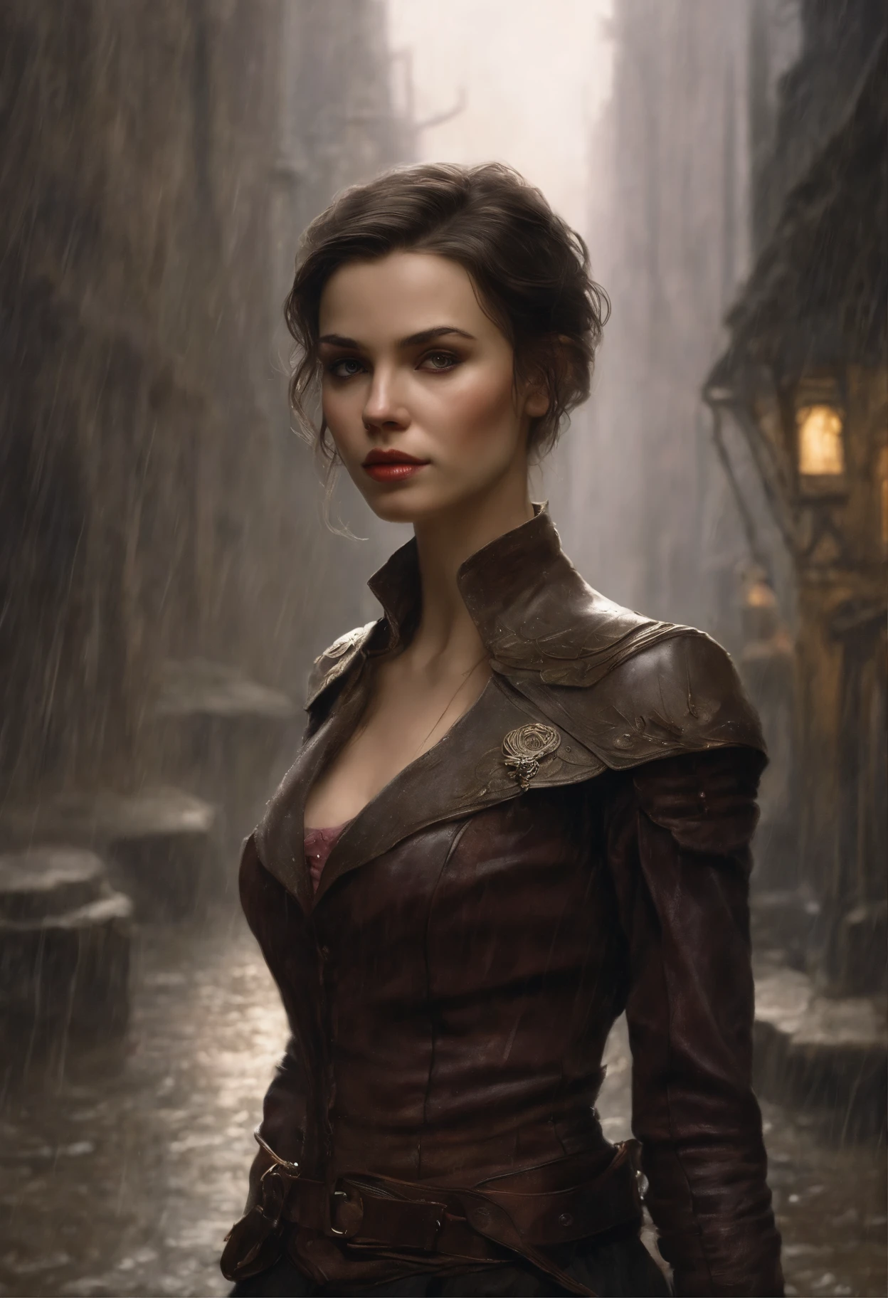 真实感, dark fantasy style, John Tolkien style, Small painting by Jean-Baptiste Monge, portraite of a, looks from the front, Soft facial features, Rocker Girl, Average height, plump dark pink lips, Engriberts eyebrows, dark brown eyes, looking at away,   short straight hair to shoulder blades, Straight short hair,  In a short dark leather fitted dress with a large cutout on the chest....., predatory nature, standing next to a motorcycle, rain is dripping, The city, megalopolis, city trail, big house, glass skyscraper Jean-Baptiste Monge, anthropomorphic --ar 2:3 --testp -optimistic;