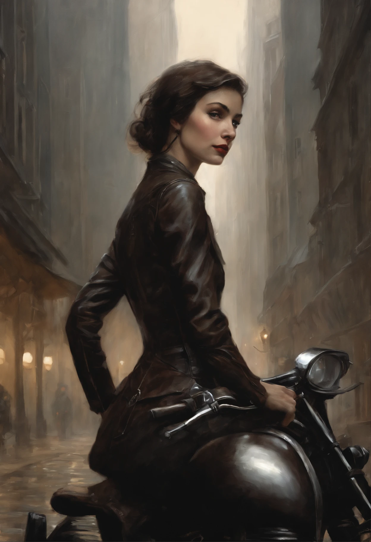 真实感, dark fantasy style, John Tolkien style, Small painting by Jean-Baptiste Monge, portraite of a, looks from the front, Soft facial features, Rocker Girl, Average height, plump dark pink lips, Engriberts eyebrows, dark brown eyes, looking at away, short straight hair to shoulder blades, Straight short hair, In a short dark leather fitted dress with a large cutout on the chest....., predatory nature, standing next to a motorcycle, rain is dripping, The city, megalopolis, city trail, big house, glass skyscraper Jean-Baptiste Monge, anthropomorphic --ar 2:3 --testp -optimistic;