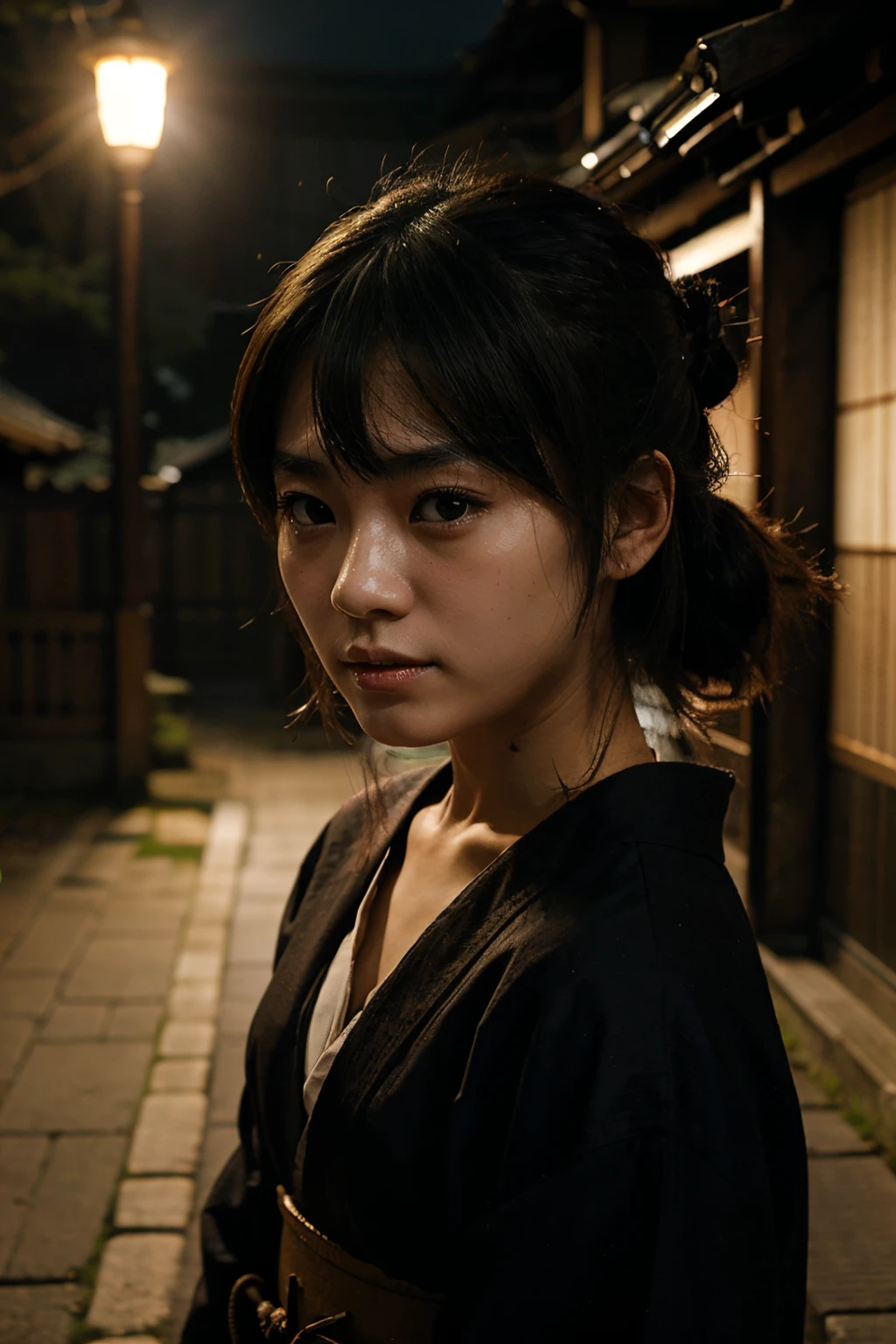 Japanese girl, samurai, dark, spotlight