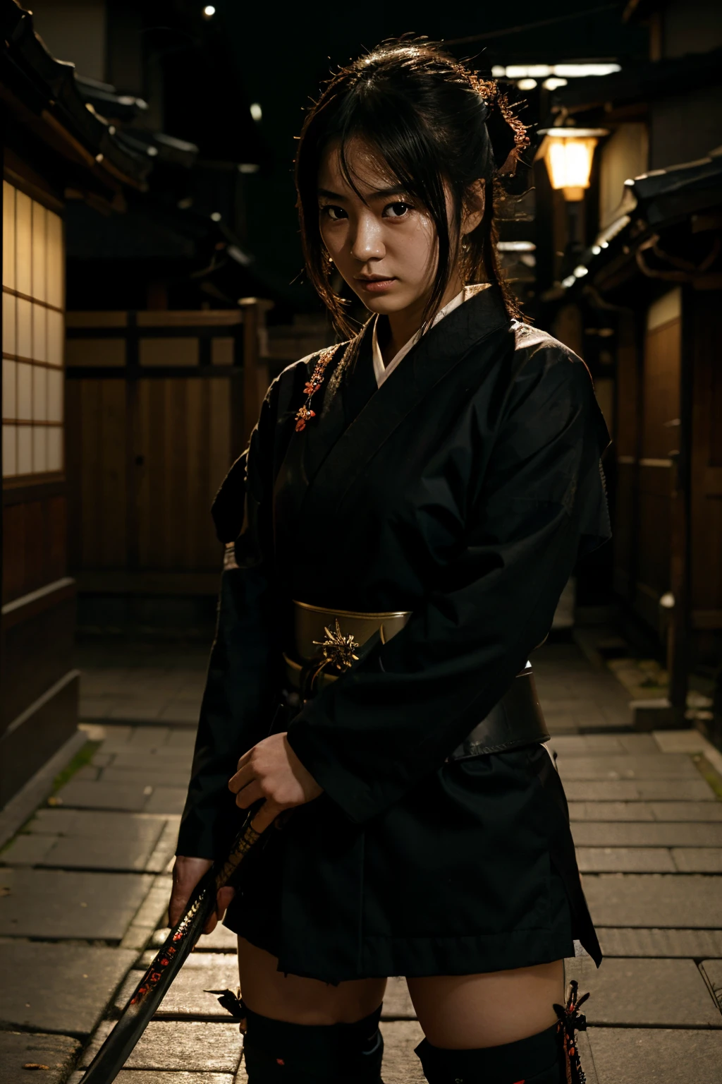 Japanese girl, samurai, dark, spotlight, katana