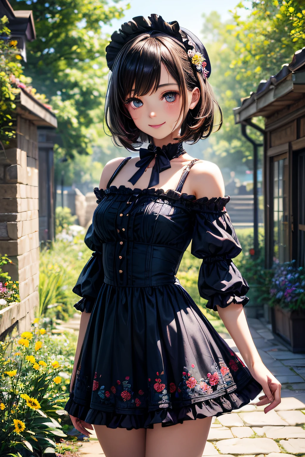 Very cute and beautiful girl,(very detailed beautiful face and eyes:1.2),
Smile,Black hair,Dynamic Pose,Beautiful legs,(Cowboy Shot),
Blue floral Lolita dress with detailed ruffles,
Flower Garden,Stone path,Distant trees々,
(Best Quality,masutepiece:1.2),Intricate details,hight resolution,1 girl,Solo,Cinematic lighting,