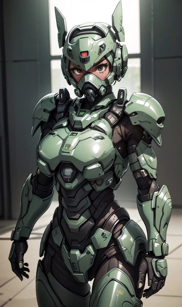 Textured skin, Super Detail, high details, High quality, Best Quality, hight resolution, 1080p, hard disk, Beautiful,(War Machine),beautiful cyborg woman,Dark Green Mecha Cyborg Girl,Battle Mode,Girl with a Mecha Body,She wears a futuristic war machine weapon mech、Very Shorthair、sweaty brown eyes、Sweaty face、troubled look a gas mask