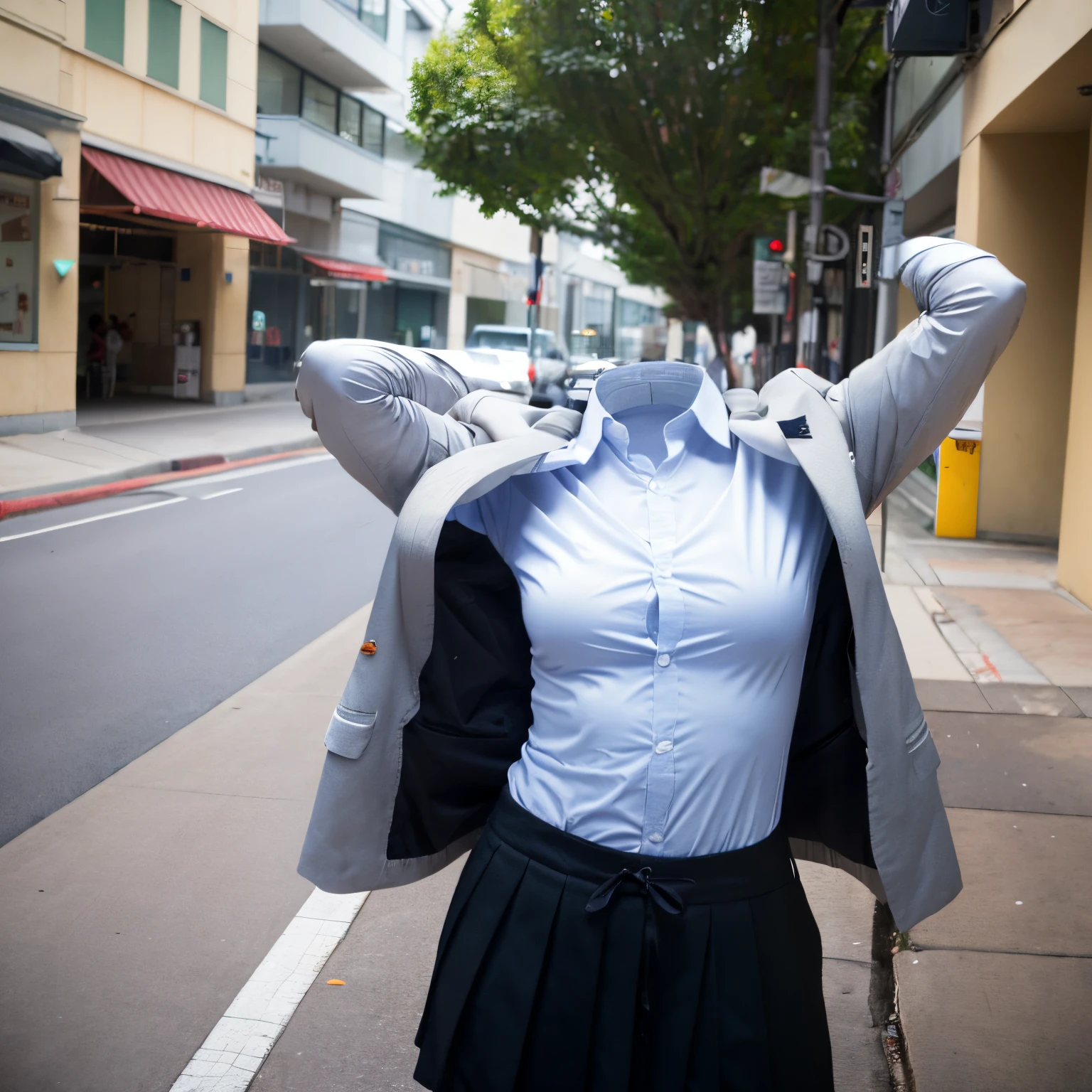 Slav Squat, school vest, plaid skirt, stripe tie, fat, cute big breasts, skirt lift pose, (invisible, no human, headless, handless:1.5)