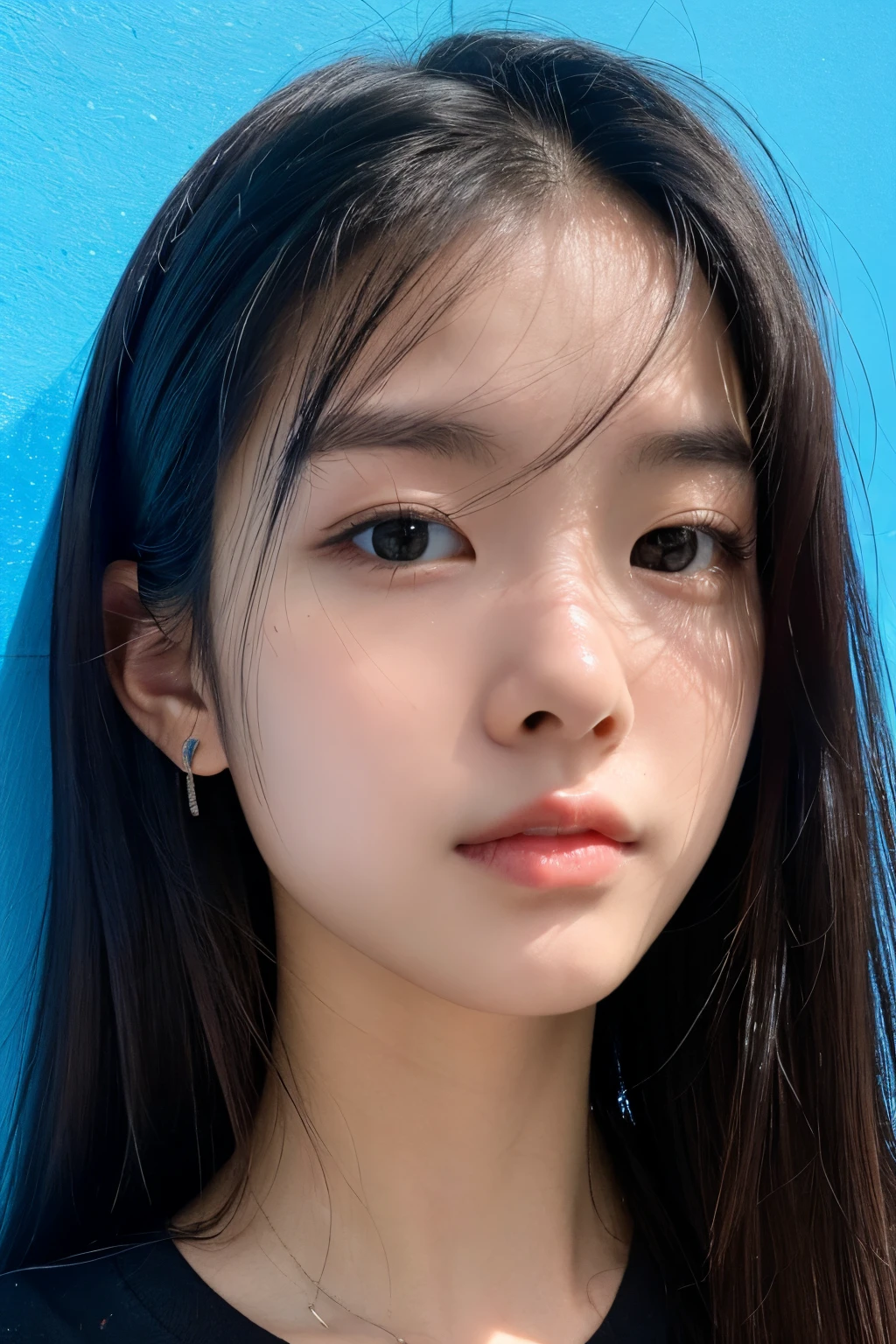 1 girl, pure black T-shirt, selfie, close up, close up, 17 yo, black long hair, blue wall background