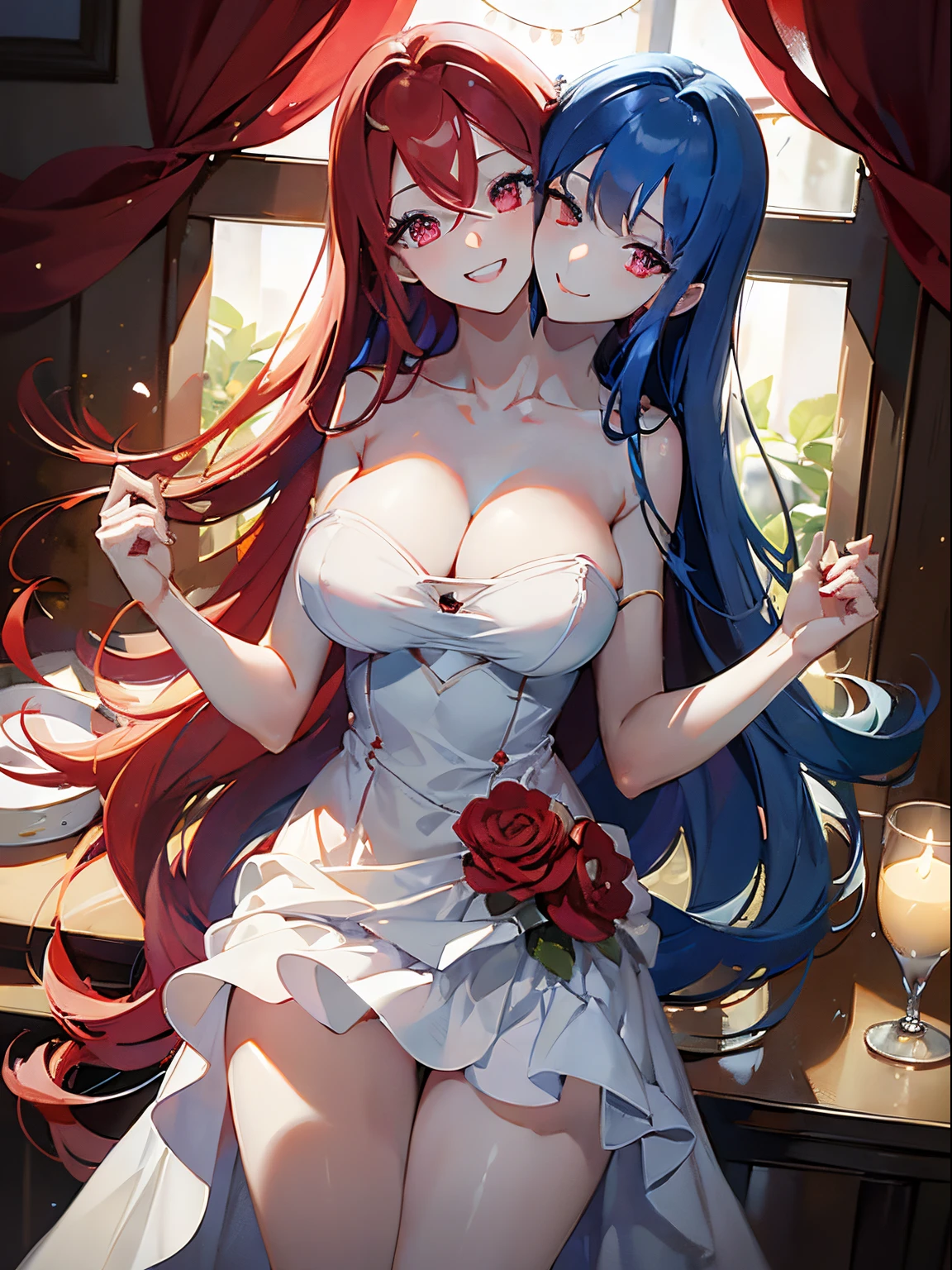 (masterpiece, best quality), best resolution, (2heads:1.5), 1girl, very long hair, red hair, blue hair, half-colour-hair, red eyes, left head's mouth open, all necks visible, heads spaced equally on one chest, perfect anatomy talking to the viewer, right head's mouth closed, smiling, holding a volleyball, white floral dress, indoor