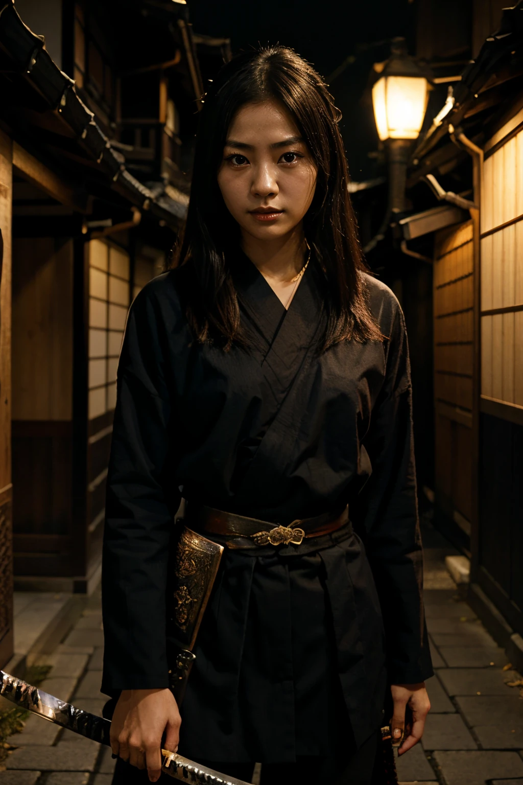Japanese girl, samurai, dark, spotlight, katana