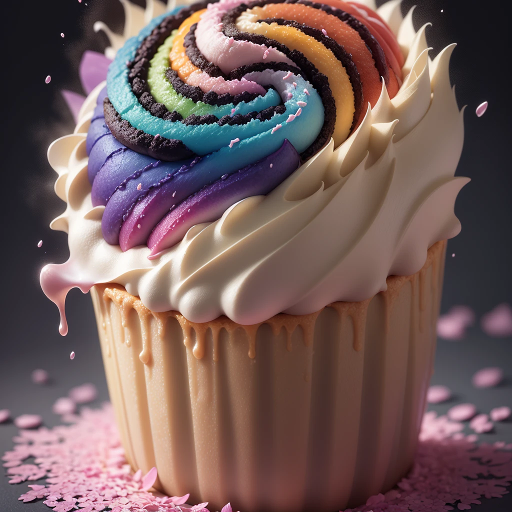 Rainbow cupcake, rainbow blossoms, rainbow flowers, rainbow blooms, sugar crystals, creamy, sweet, indulgent, rainbow whipped cream, pastel rainbow icing, decadent, (masterpiece:1.1), (highest quality:1.1), (HDR:1.0), (ultra-detailed), decorated, dripping rainbow drizzle, rainbow glimmer flakes, photograph, detailed, realistic, 8k uhd, high quality, RAW photo, professional color grading, soft shadows, no contrast, clean sharp focus, clear, epic profusion,