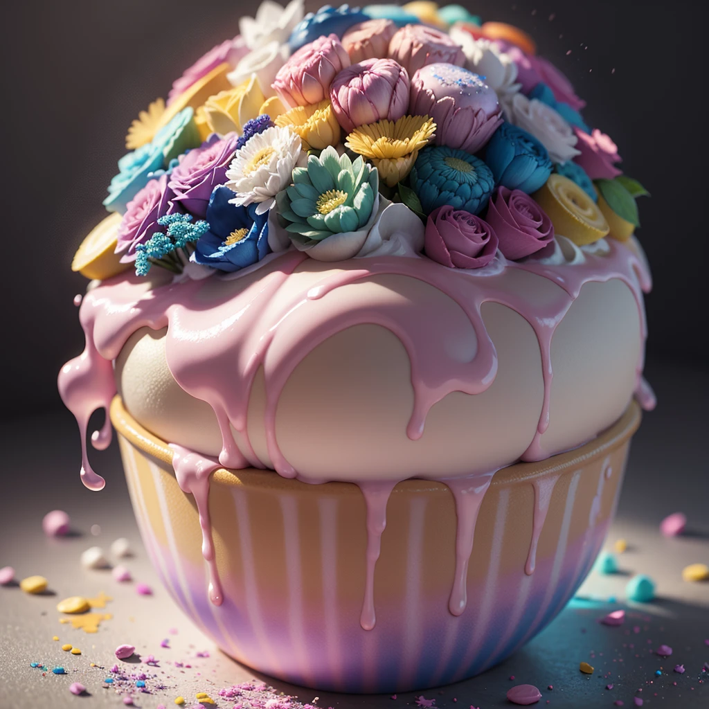 Rainbow cupcake, rainbow blossoms, rainbow flowers, rainbow blooms, sugar crystals, creamy, sweet, indulgent, rainbow whipped cream, pastel rainbow icing, decadent, (masterpiece:1.1), (highest quality:1.1), (HDR:1.0), (ultra-detailed), decorated, dripping rainbow drizzle, rainbow glimmer flakes, photograph, detailed, realistic, 8k uhd, high quality, RAW photo, professional color grading, soft shadows, no contrast, clean sharp focus, clear, epic profusion,