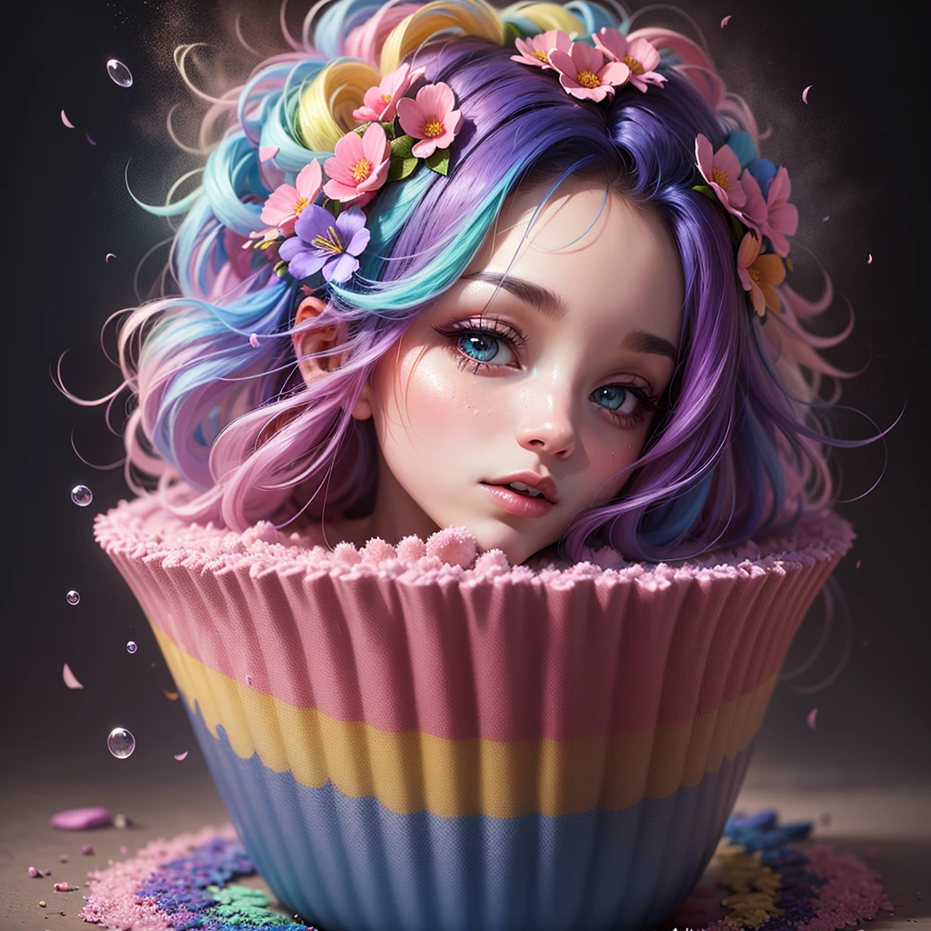Rainbow cupcake, rainbow blossoms, rainbow flowers, rainbow blooms, sugar crystals, creamy, sweet, indulgent, rainbow whipped cream, pastel rainbow icing, decadent, (masterpiece:1.1), (highest quality:1.1), (HDR:1.0), (ultra-detailed), decorated, dripping rainbow drizzle, rainbow glimmer flakes, photograph, detailed, realistic, 8k uhd, high quality, RAW photo, professional color grading, soft shadows, no contrast, clean sharp focus, clear, epic profusion,