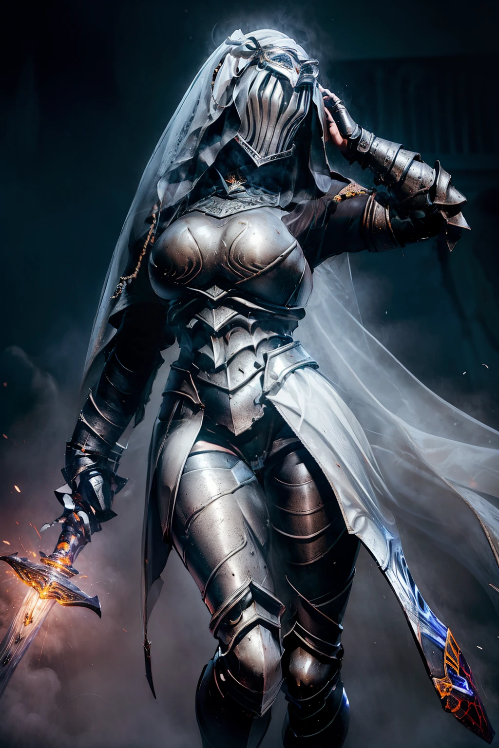 nsfw, 1girl, Solo, 8k, Top-quality, Masterpiece, Super high resolution, Realistic, Cinematic, fullbody viewer, full armor, helm, silver, knight, twin sword, pantyhose, blue veil, hair ornament, big boobs, Thick thighs, The ultimate beautiful lady knight, Sexy lady knight, snow